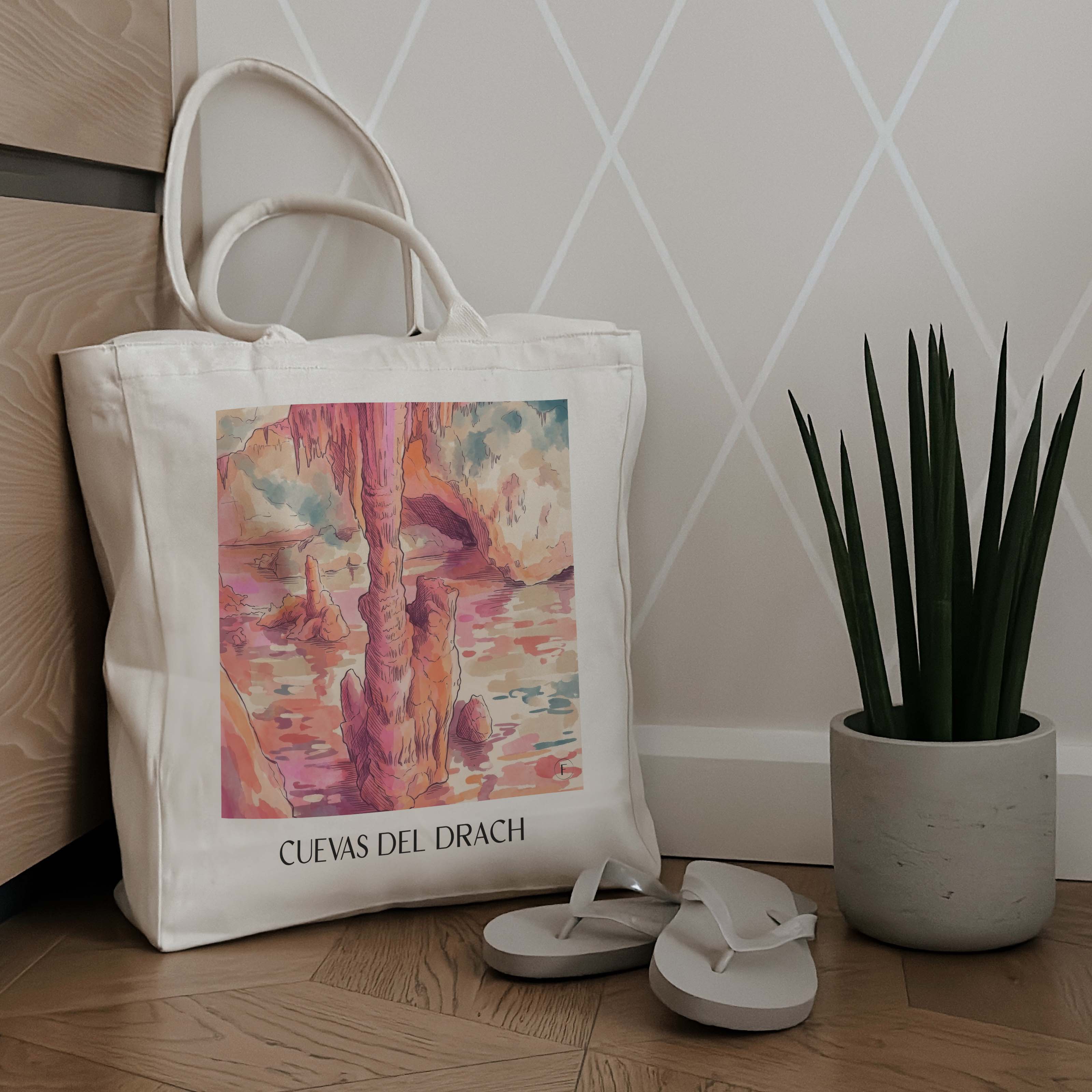cuevas-del-drach-mallorca-spanien-einkaufstasche-aquarell-pink-rosa