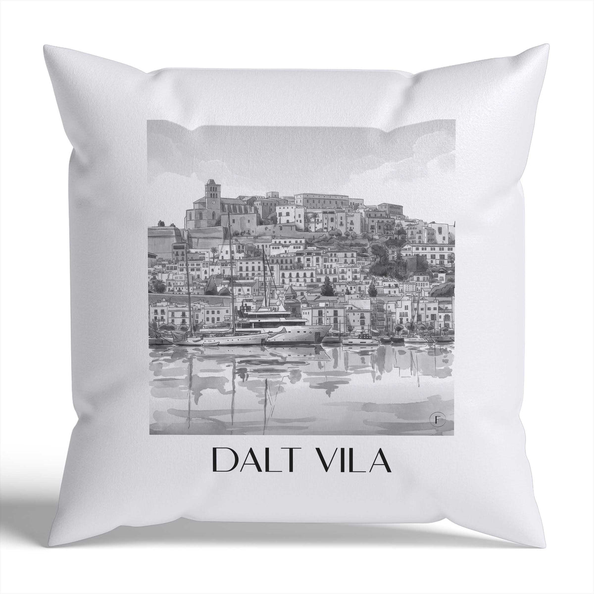 Dalt Vila Kissenhülle - Zierkissen Bezug - Ibiza - Spanien Kissen bzw. Kissenbezug im Aquarell Schwarz-Weiß Stil - favplace