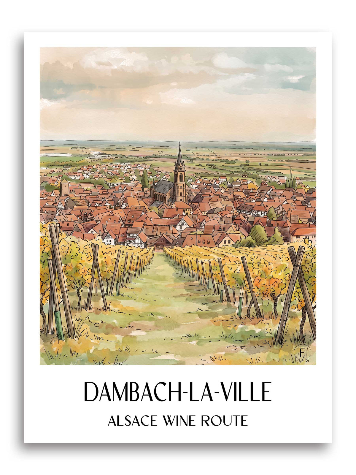 Dambach-la-Ville Poster - Route des Vins d'Alsace - Frankreich Kunstdruck - Aquarell von A4 bis A1