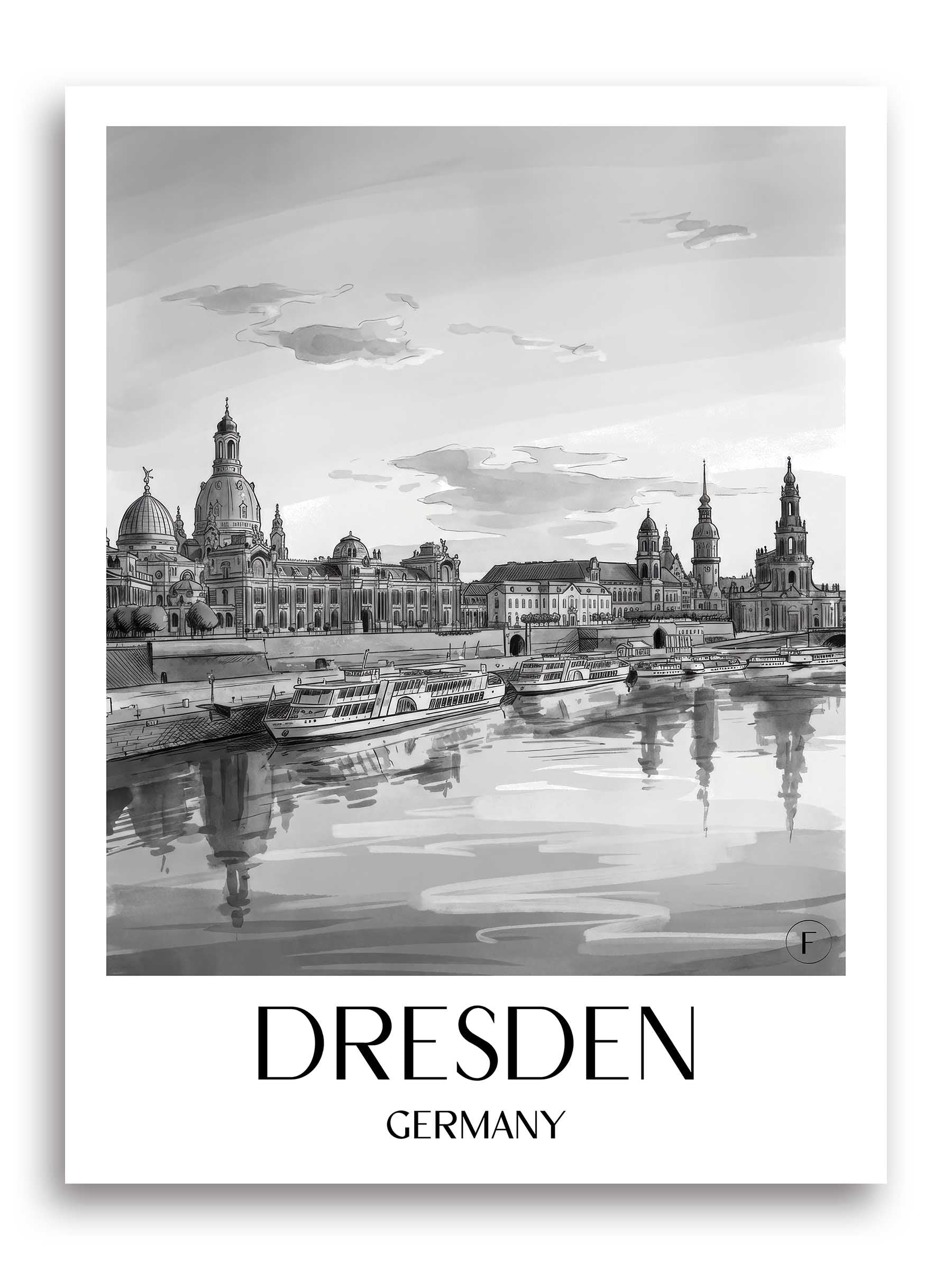 Dresden Poster - - Deutschland Kunstdruck - Aquarell Schwarz-Weiß von A4 bis A1 - favplace