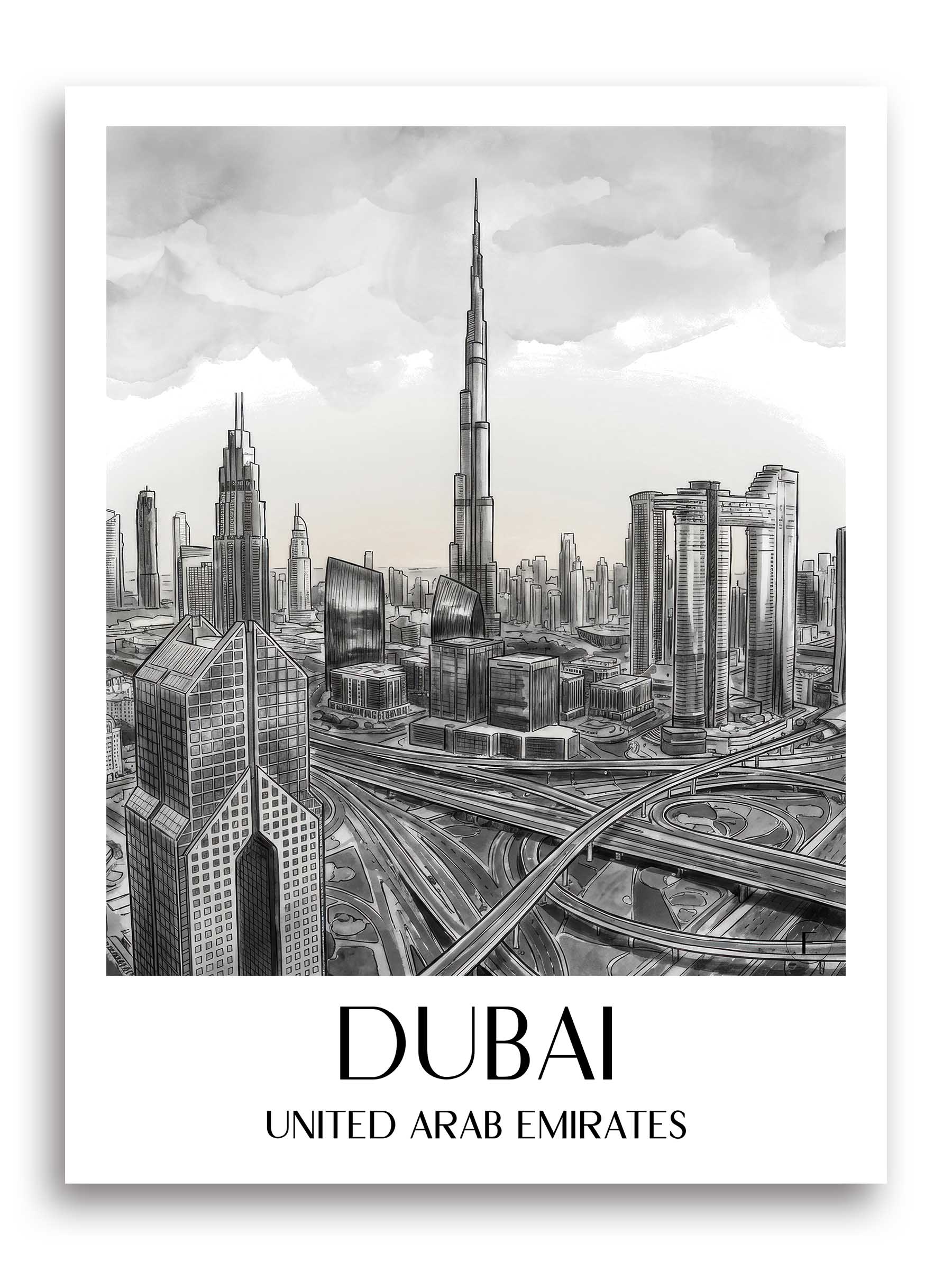 Dubai Poster - - Vereinigte Arabische Emirate Kunstdruck - Aquarell Schwarz-Weiß von A4 bis A1 - favplace