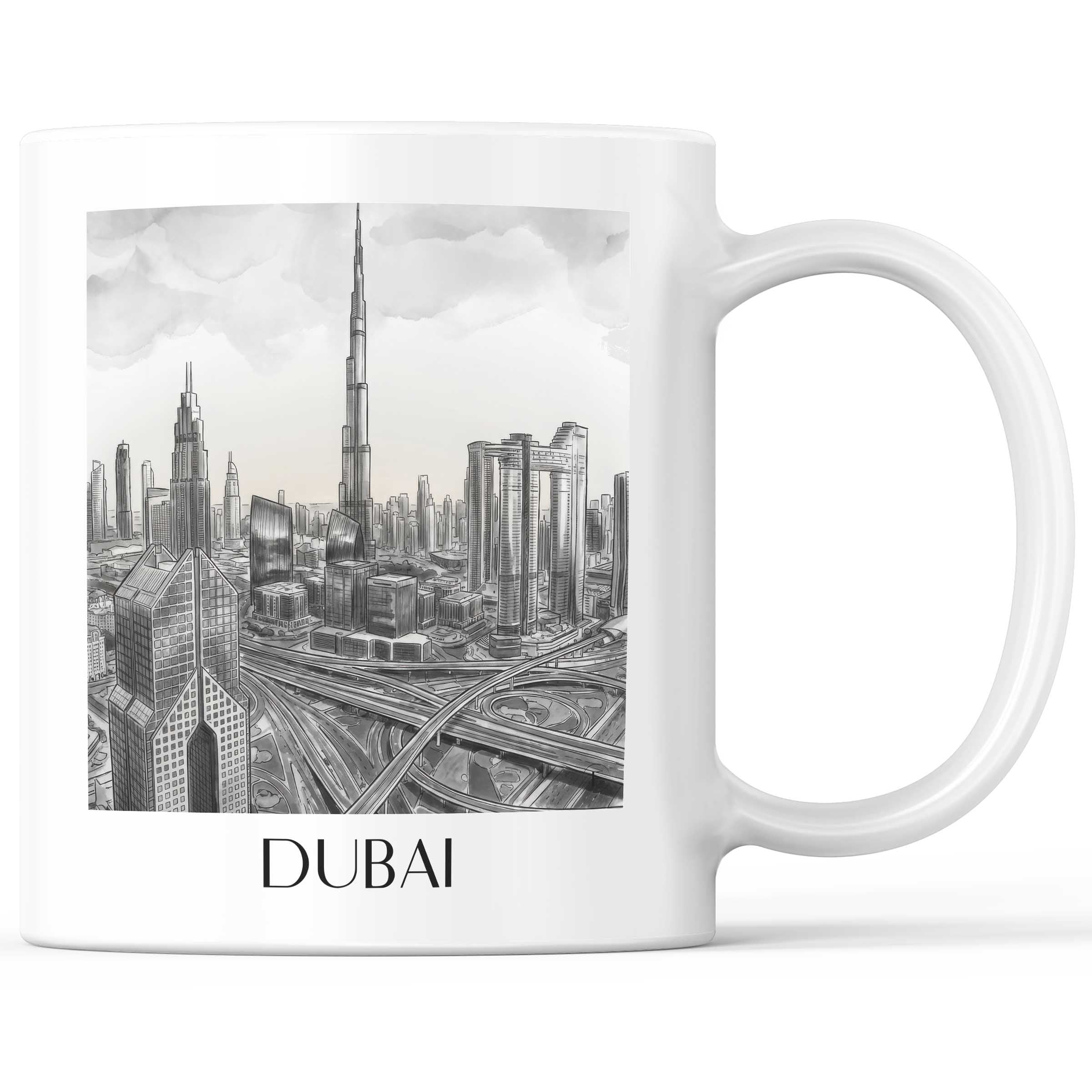Dubai - Vereinigte Arabische Emirate Becher - Kaffeetasse im Aquarell Schwarz-Weiß Stil - favplace