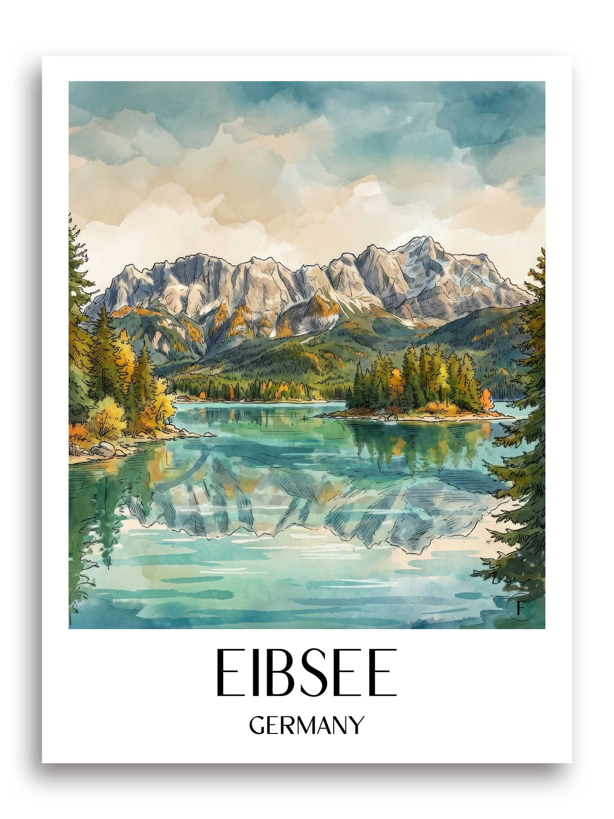 Eibsee Poster - Wettersteingebirge - Deutschland Kunstdruck - Aquarell von A4 bis A1 - favplace