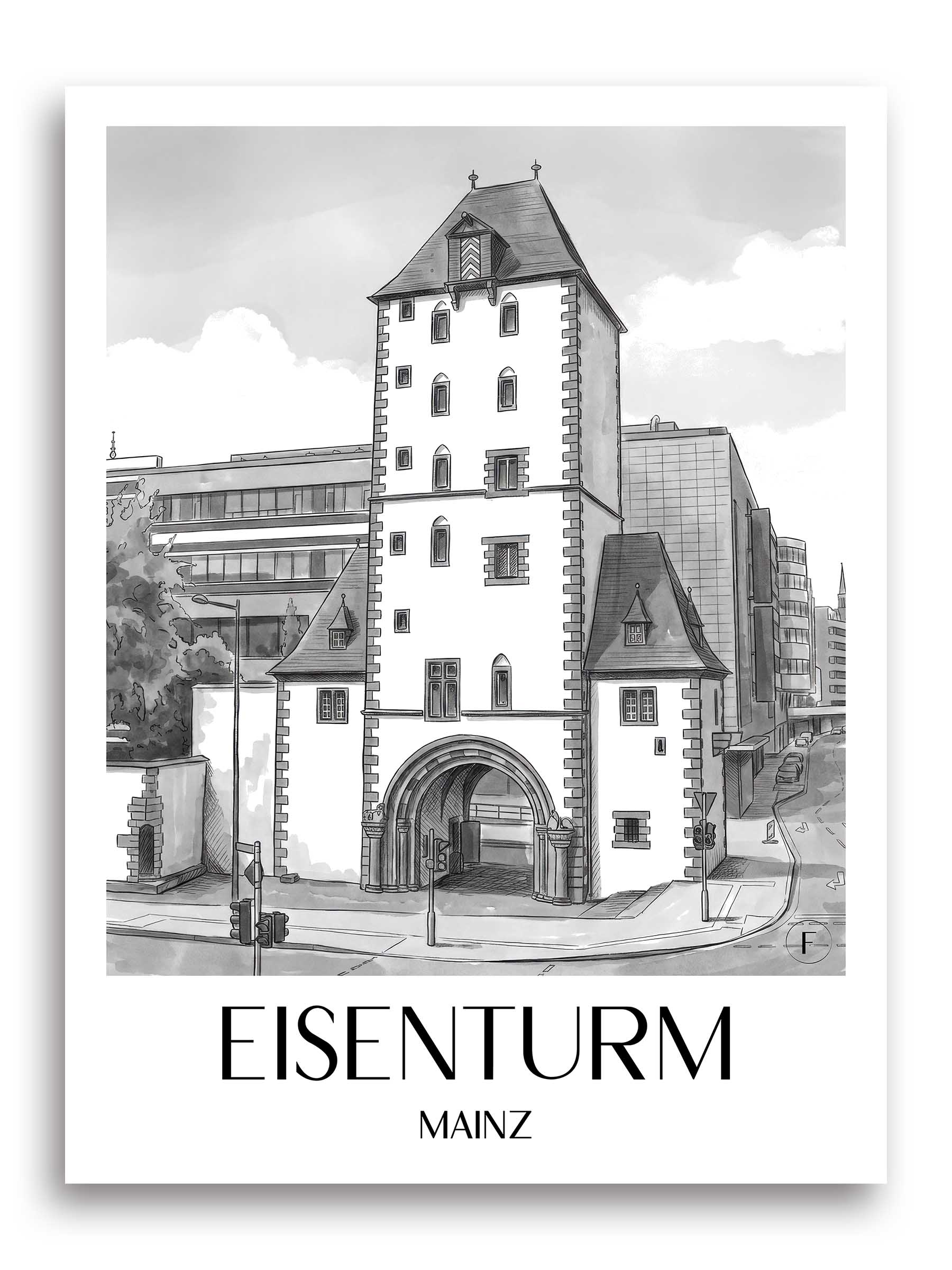 eisenturm-mainz-deutschland-poster-aquarell-schwarz-weiss
