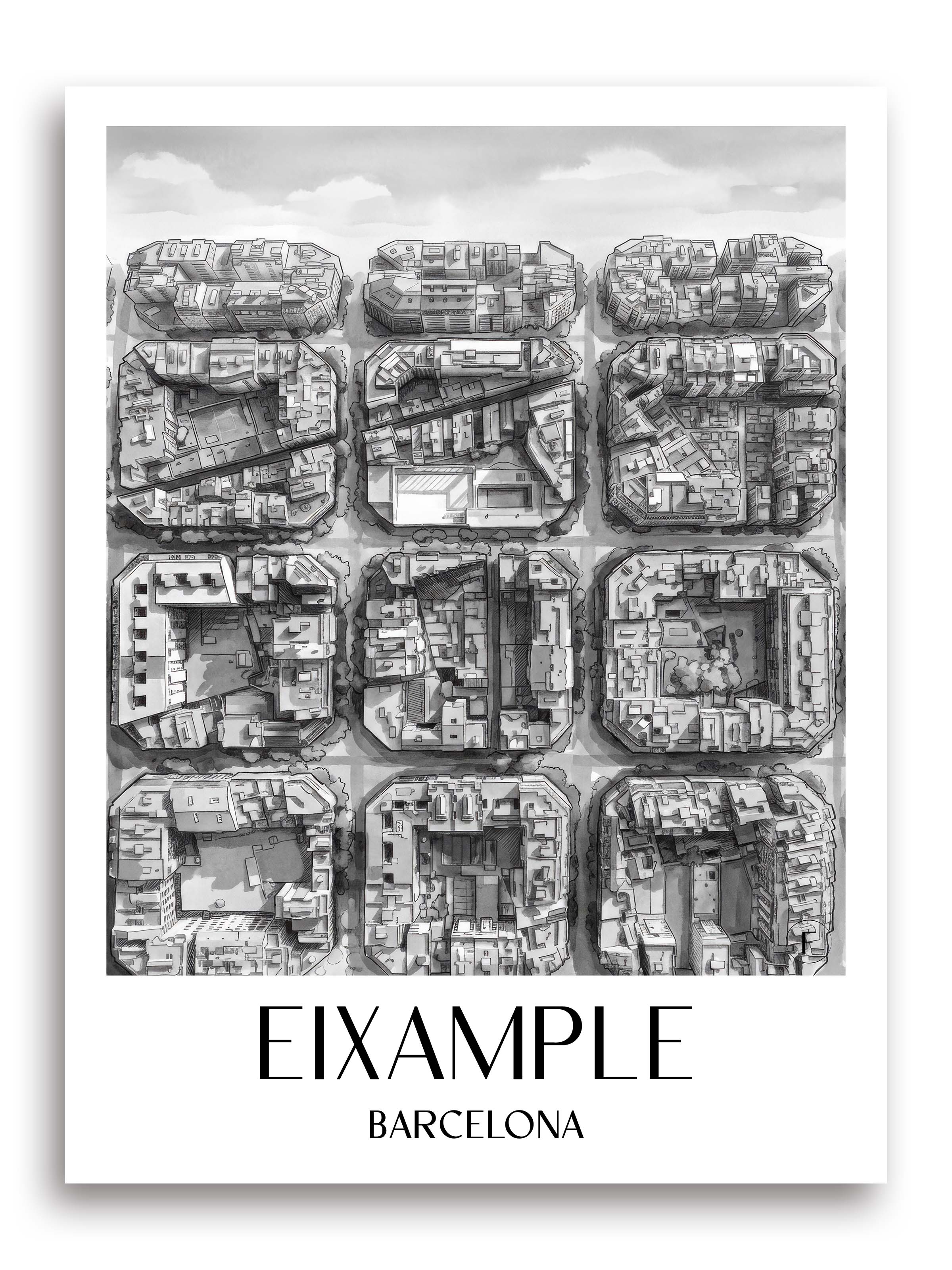Eixample Poster - Barcelona - Spanien Kunstdruck - Aquarell Schwarz-Weiß von A4 bis A1 - favplace