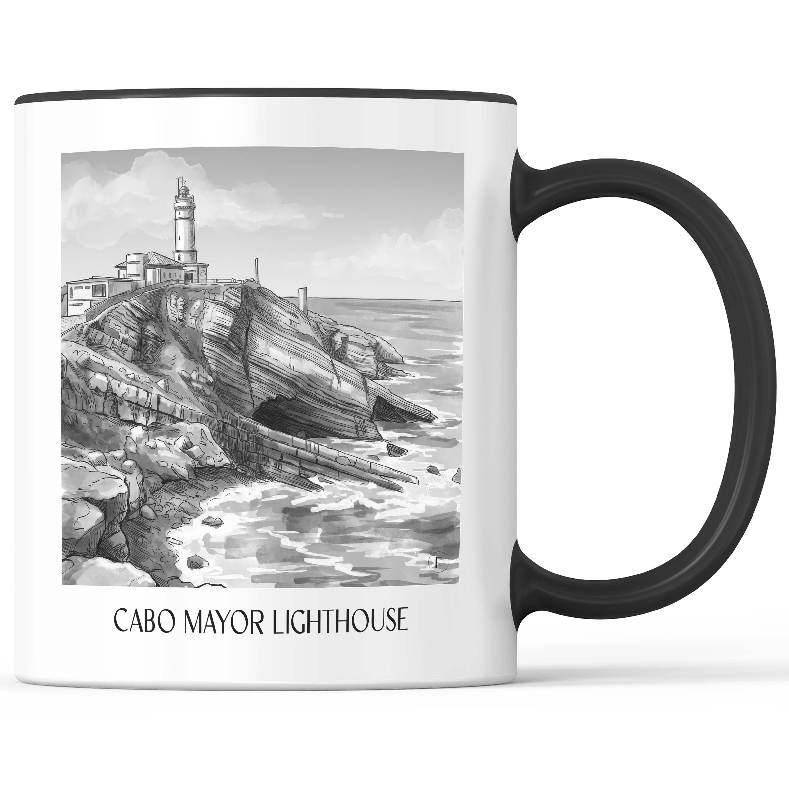 El Faro de Cabo Mayor Kaffeebecher - Santander - Spanien Becher - Kaffeetasse im Aquarell Schwarz-Weiß Stil - favplace
