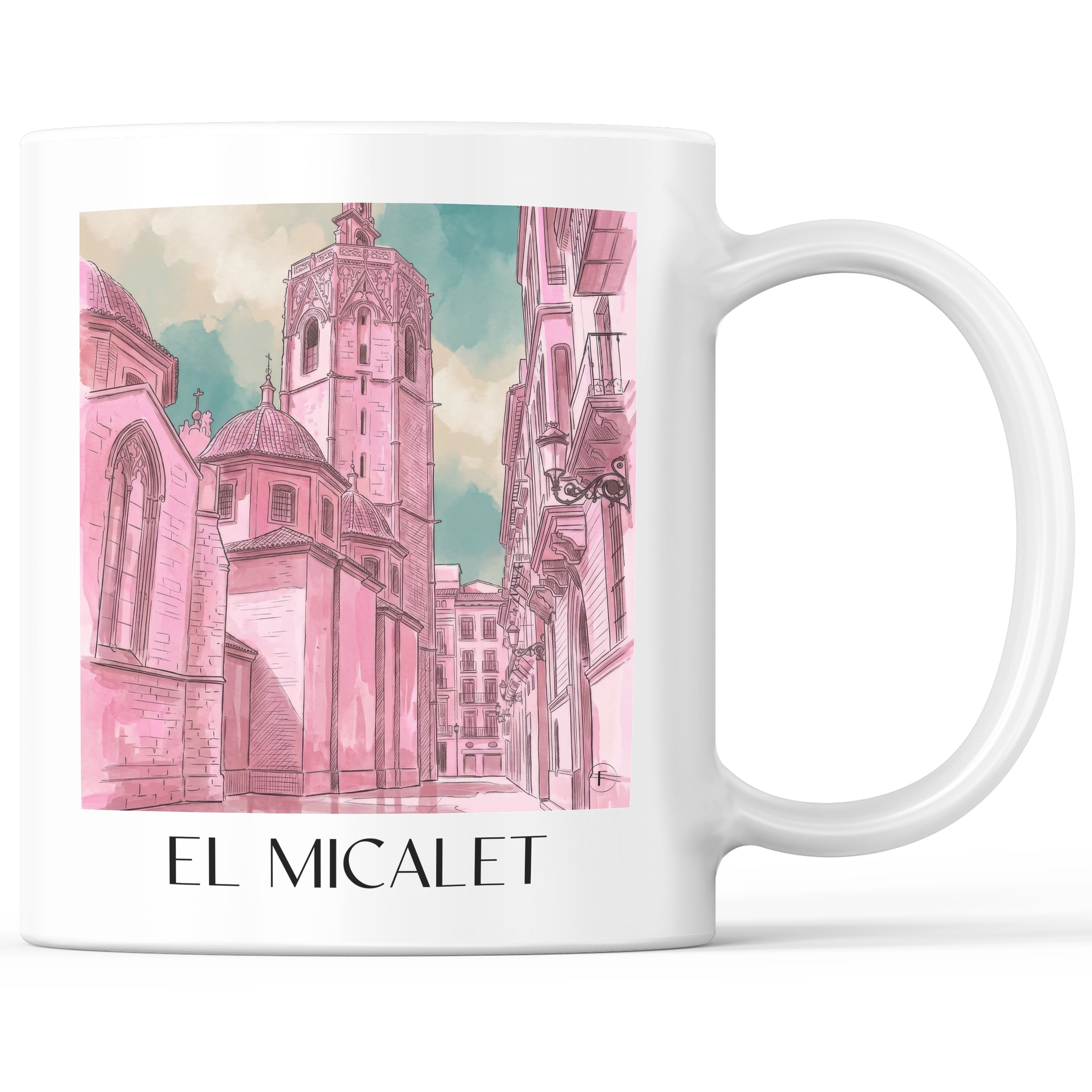 El Micalet Kaffeebecher - Valencia - Spanien Becher - Kaffeetasse im Aquarell Pink Stil - favplace
