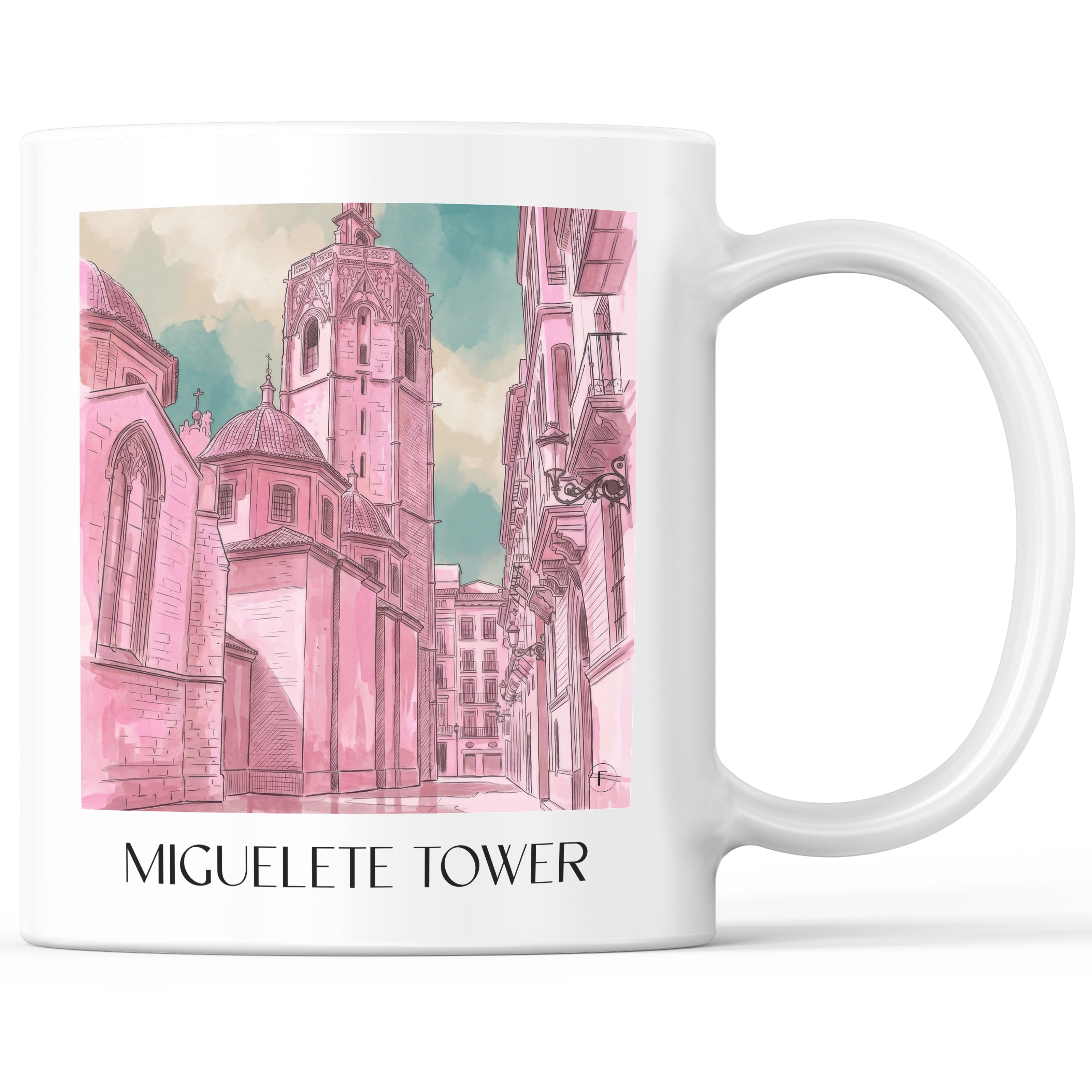 El Micalet Kaffeebecher - Valencia - Spanien Becher - Kaffeetasse im Aquarell Pink Stil - favplace