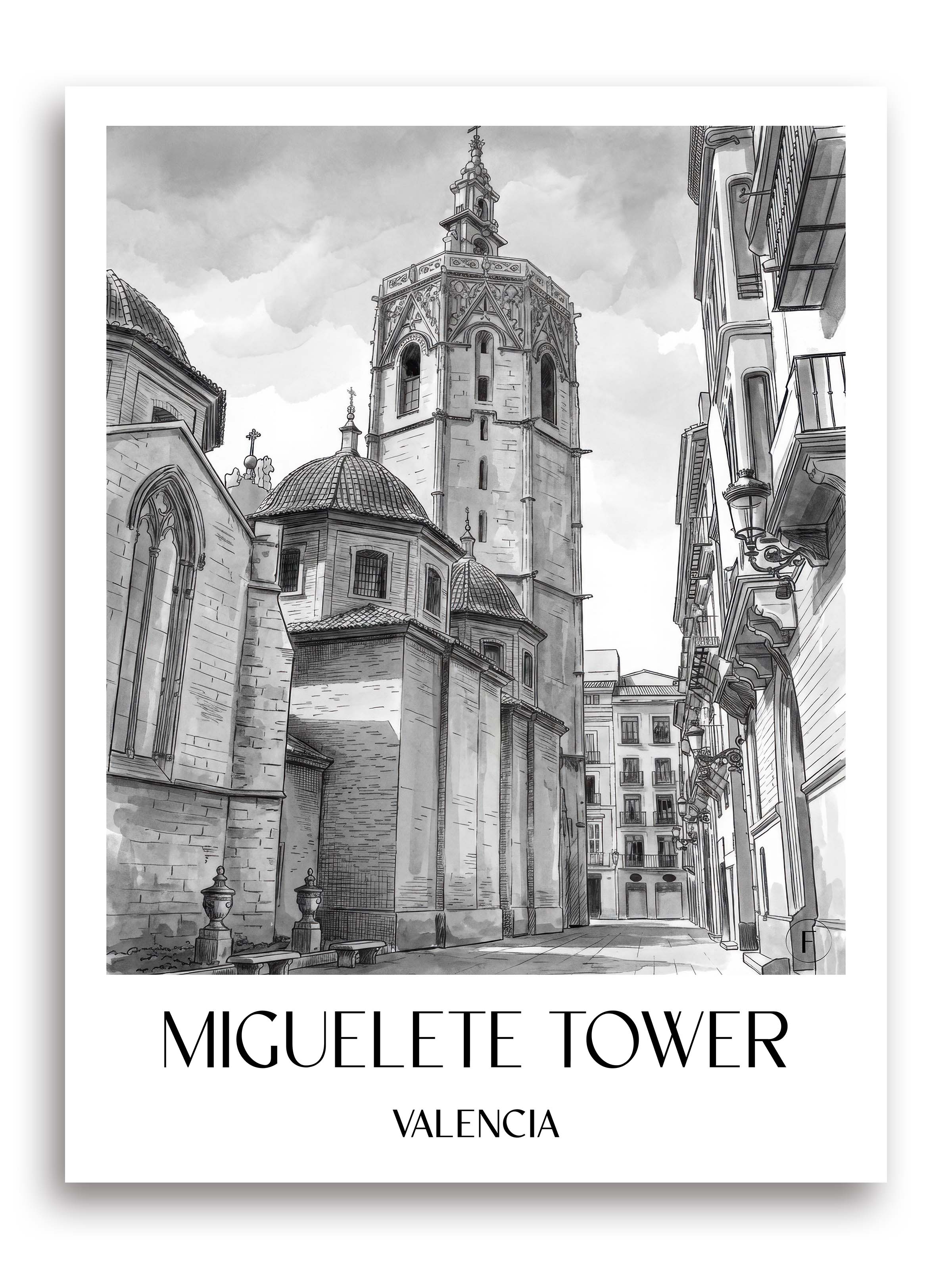 El Micalet Poster - Valencia - Spanien Kunstdruck - Aquarell Schwarz-Weiß von A4 bis A1 - favplace