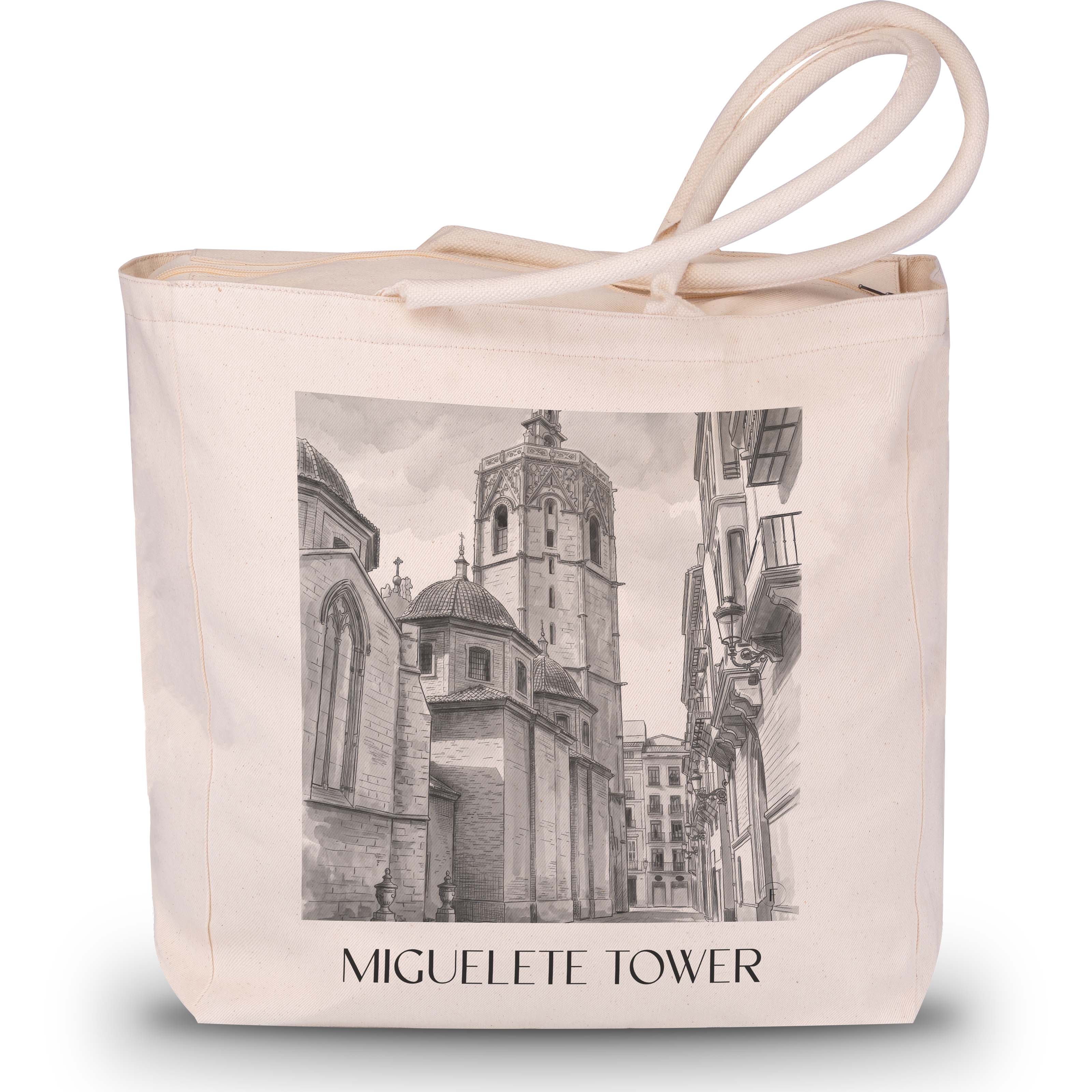 El Micalet Shopping Tasche - Valencia - Spanien Tote Bag - Einkaufstasche im Aquarell Schwarz-Weiß Stil - favplace