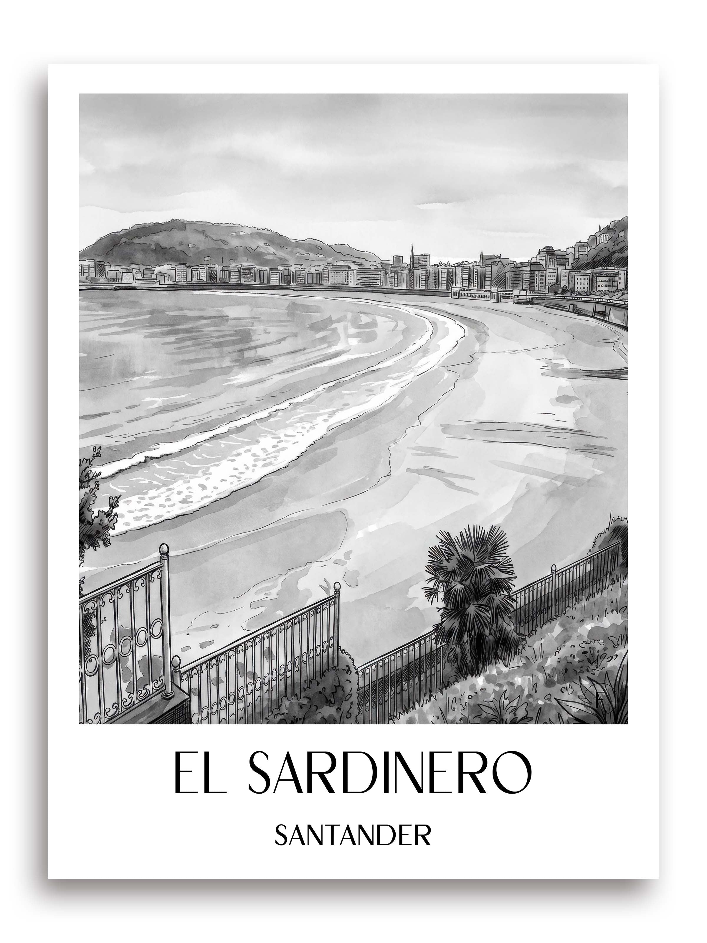 el-sardinero-santander-spanien-poster-aquarell-schwarz-weiss