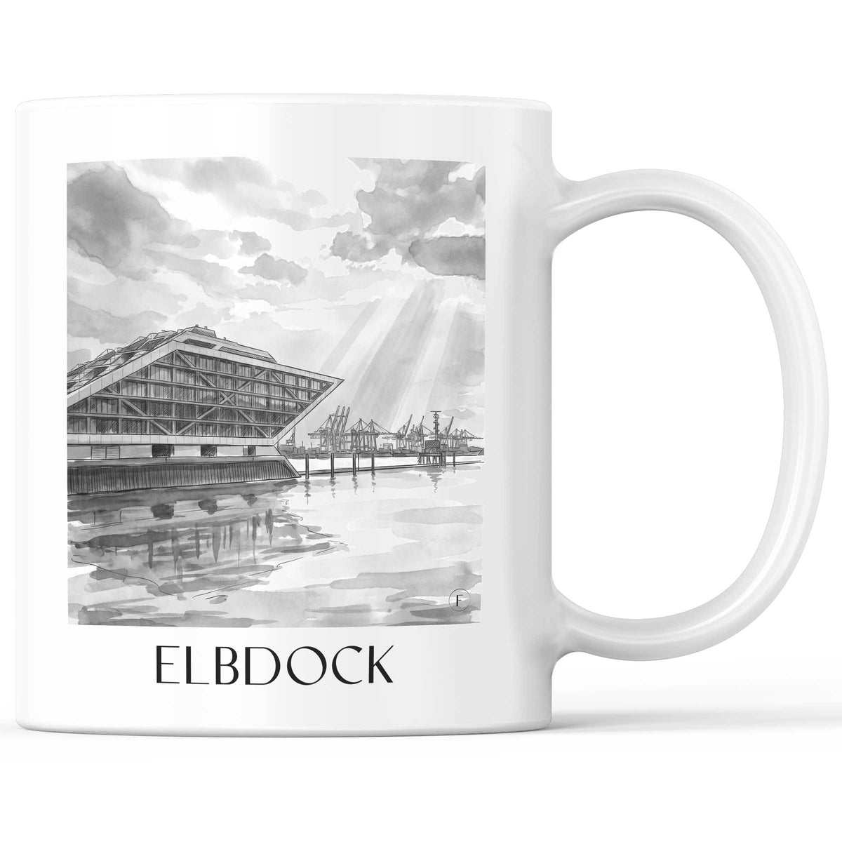 Elbdock Kaffeebecher - Hamburg - Deutschland Becher - Kaffeetasse im Aquarell Schwarz-Weiß Stil - favplace