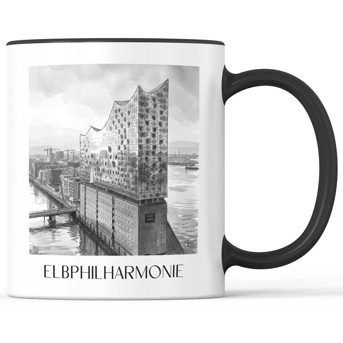 Elbphilharmonie Kaffeebecher - Hamburg - Deutschland Becher - Kaffeetasse im Aquarell Schwarz-Weiß Stil - favplace