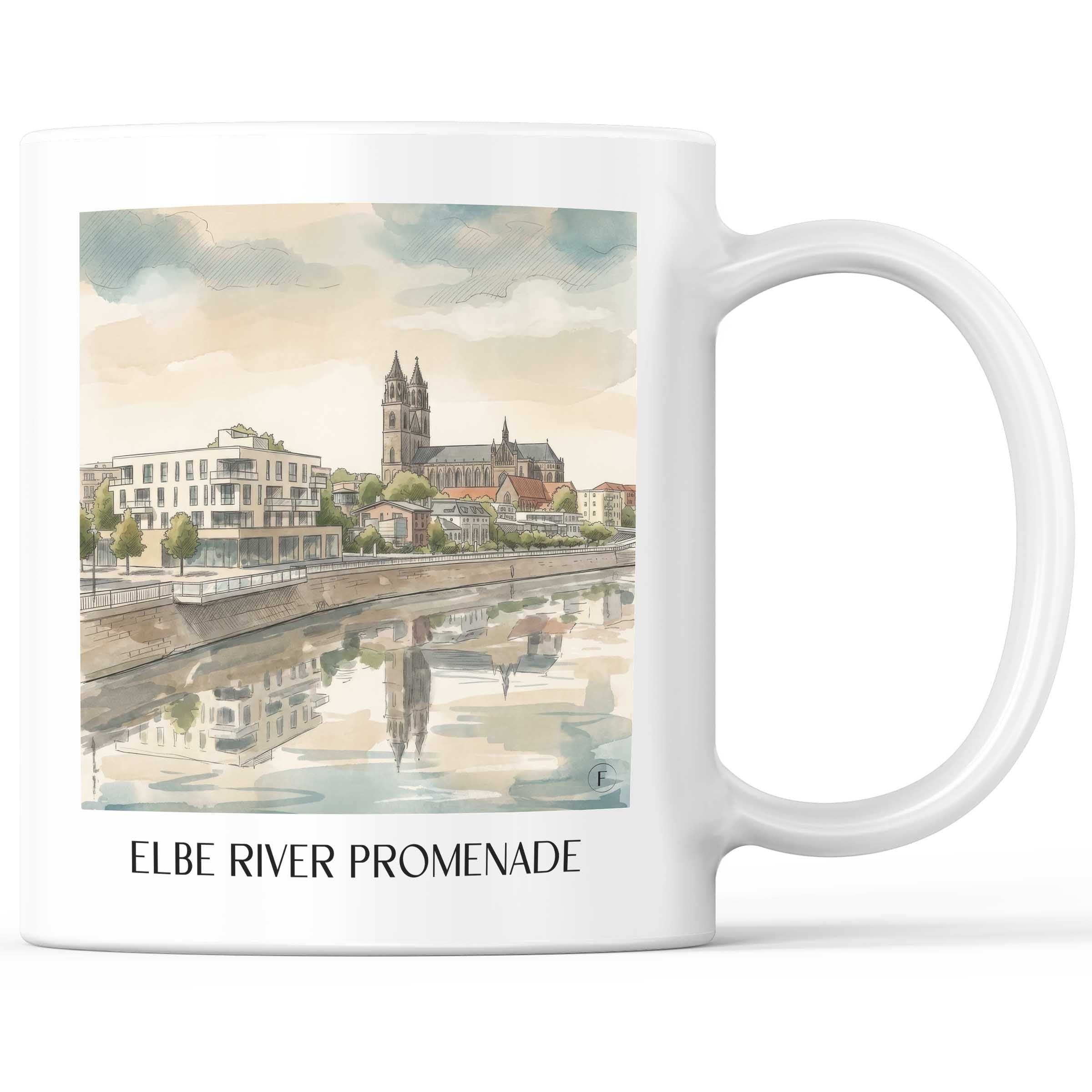 Elbuferpromenade Kaffeebecher - Magdeburg - Deutschland Becher - Kaffeetasse im Aquarell Stil - favplace