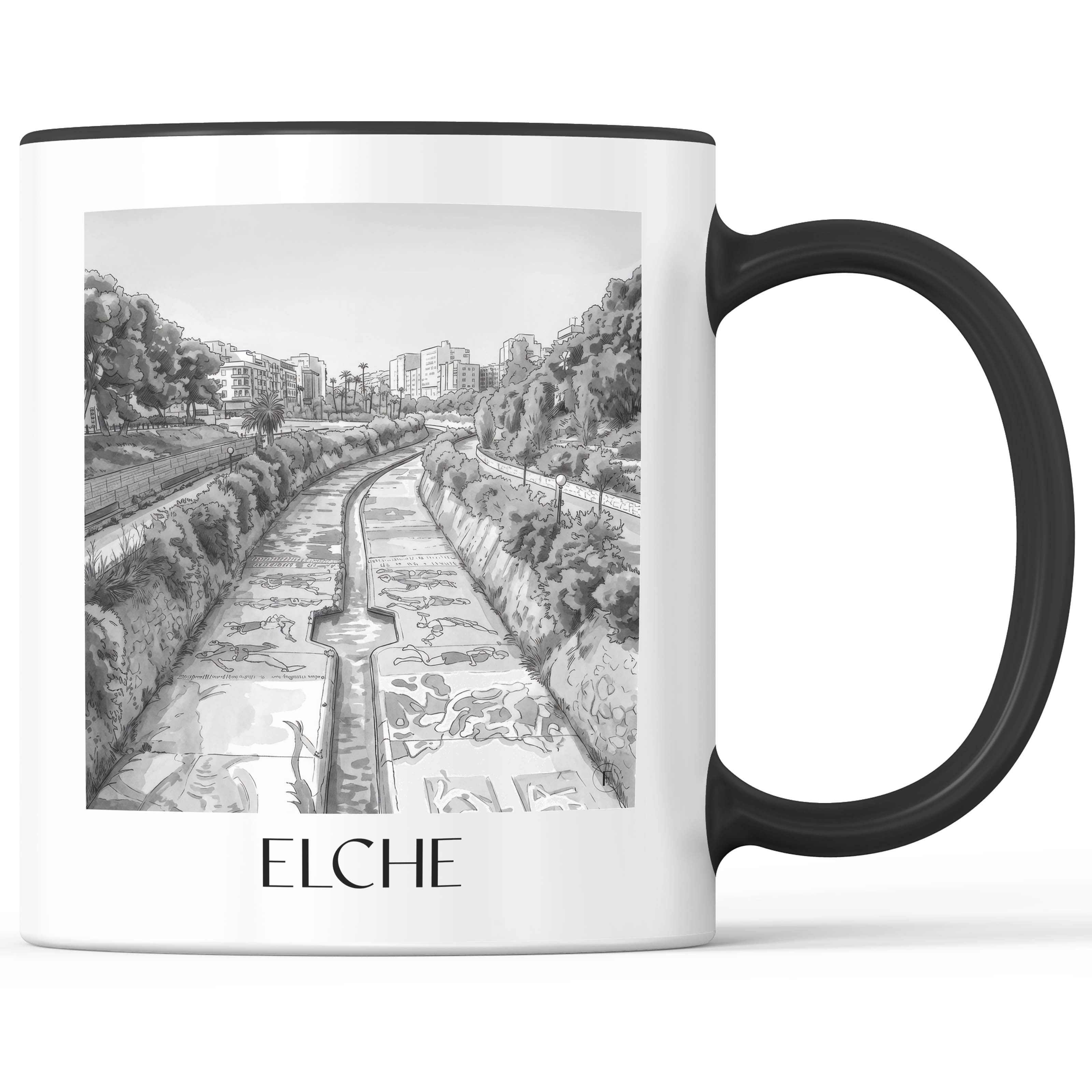 Elche Kaffeebecher - Spanien - Spanien und Spanien Becher - Kaffeetasse im Aquarell Schwarz-Weiß Stil - favplace