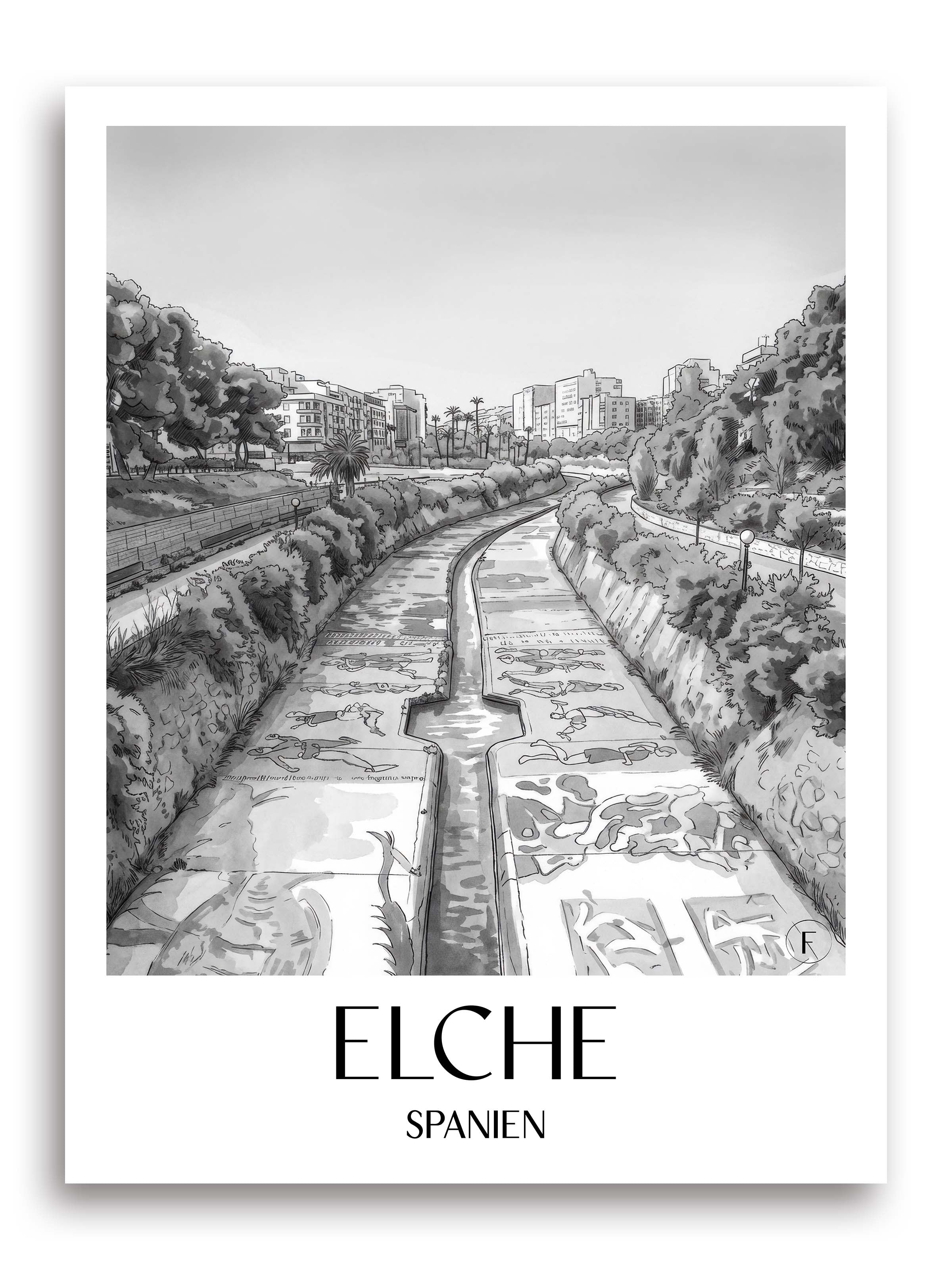 elche-spanien-spanien-poster-aquarell-schwarz-weiss