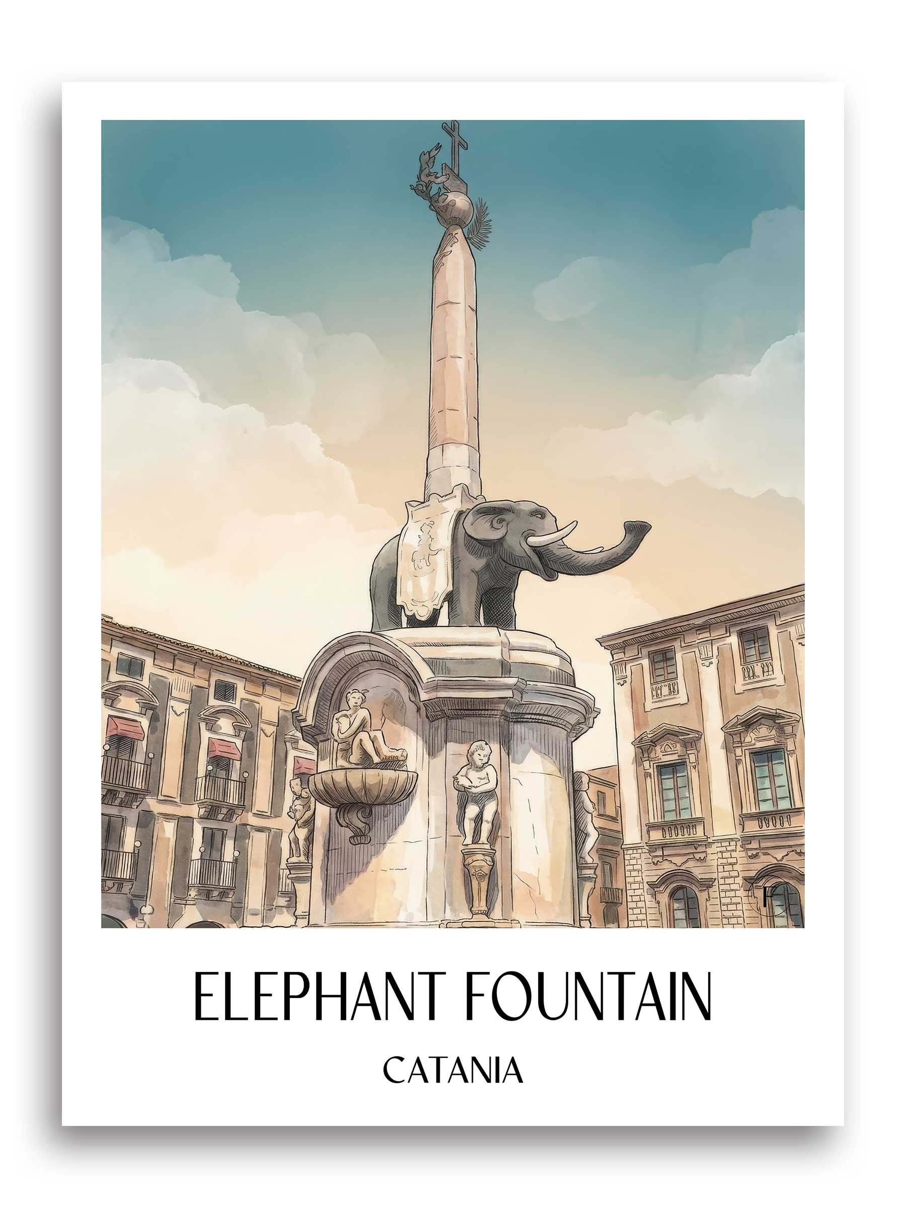 Elefantenbrunnen Poster - Catania - Italien Kunstdruck - Aquarell von A4 bis A1 - favplace