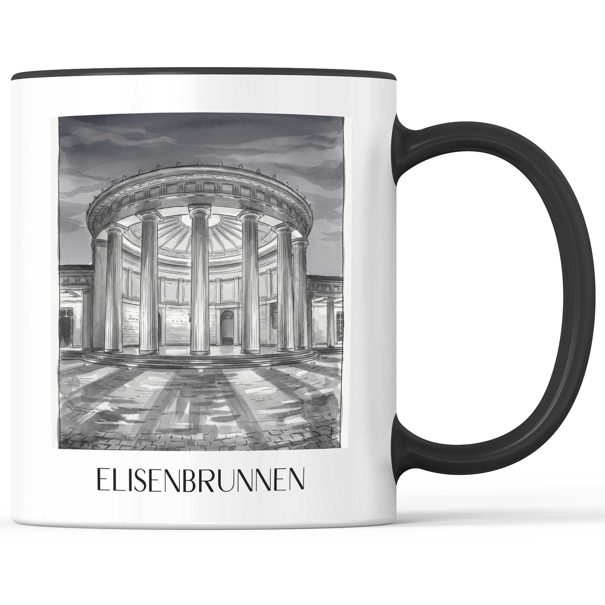 elisenbrunnen-aachen-deutschland-kaffeebecher-aquarell-schwarz-weiss