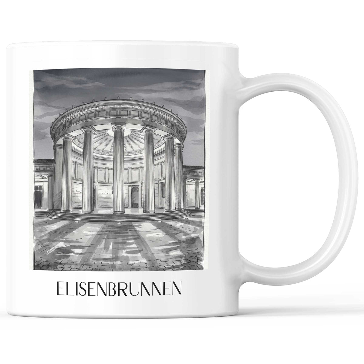 Elisenbrunnen Kaffeebecher - Aachen - Deutschland Becher - Kaffeetasse im Aquarell Schwarz-Weiß Stil - favplace