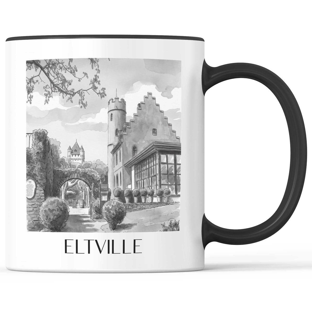 Eltville Kaffeebecher - Rheingau - Deutschland Becher - Kaffeetasse im Aquarell Schwarz-Weiß Stil - favplace