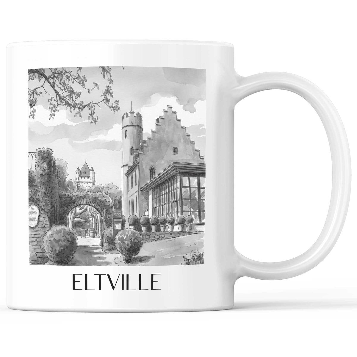 Eltville Kaffeebecher - Rheingau - Deutschland Becher - Kaffeetasse im Aquarell Schwarz-Weiß Stil - favplace