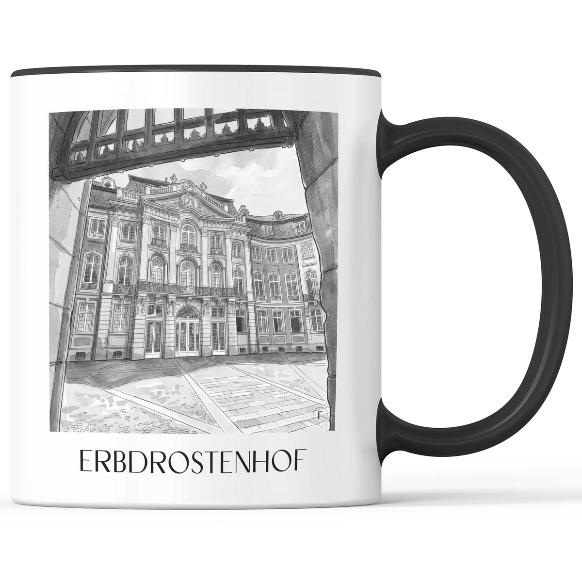erbdrostenhof-münster-deutschland-kaffeebecher-aquarell-schwarz-weiss