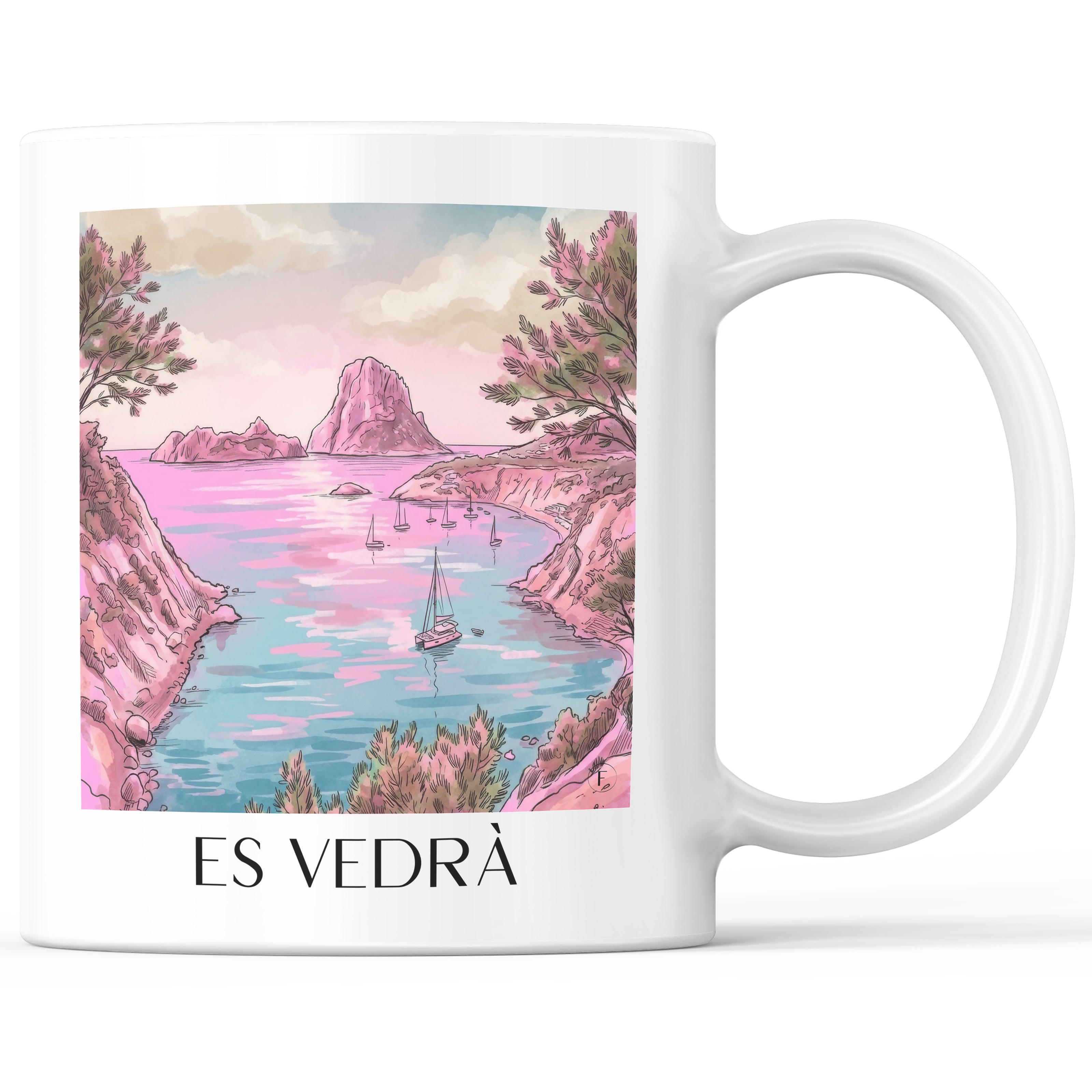 Es Vedrà Kaffeebecher - Ibiza - Spanien Becher - Kaffeetasse im Aquarell Pink Stil - favplace