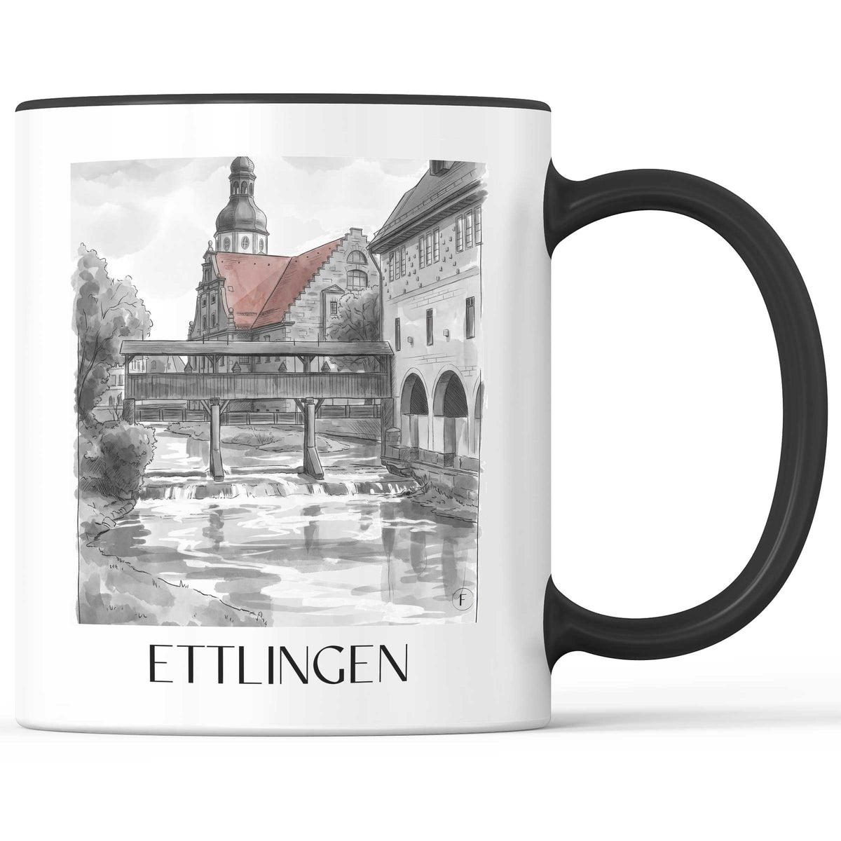 Ettlingen - Deutschland Becher - Kaffeetasse im Aquarell Schwarz-Weiß Stil - favplace