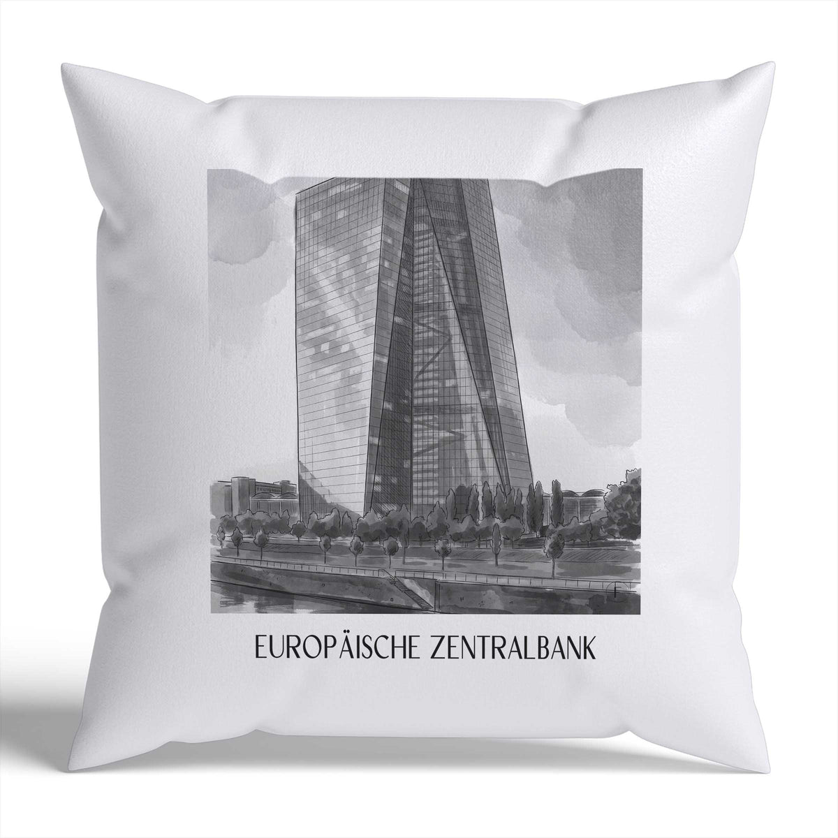 europäische-zentralbank-frankfurt-deutschland-kissenbezug-aquarell-schwarz-weiss