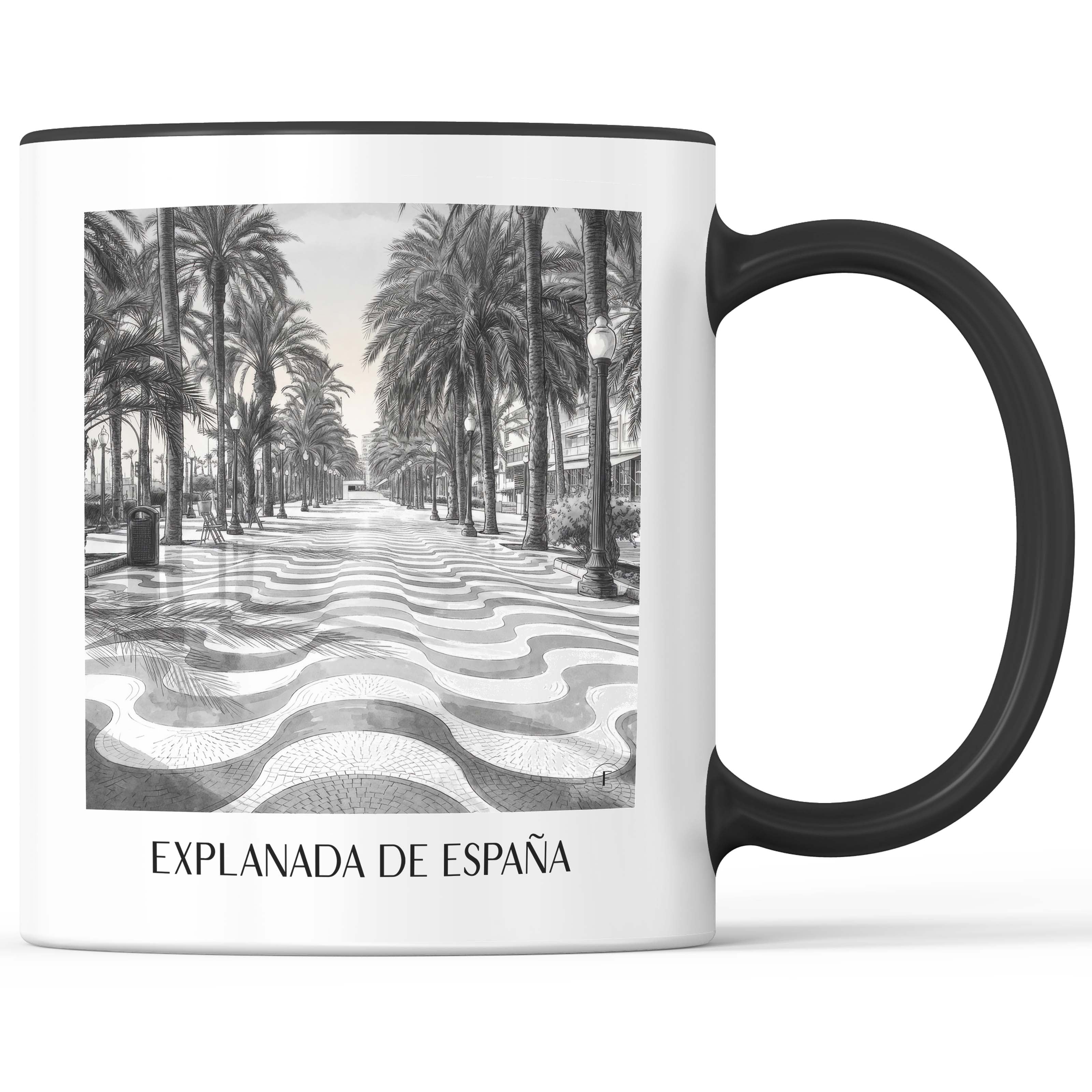 explanada-de-españa-alicante-spanien-kaffeebecher-aquarell-schwarz-weiss