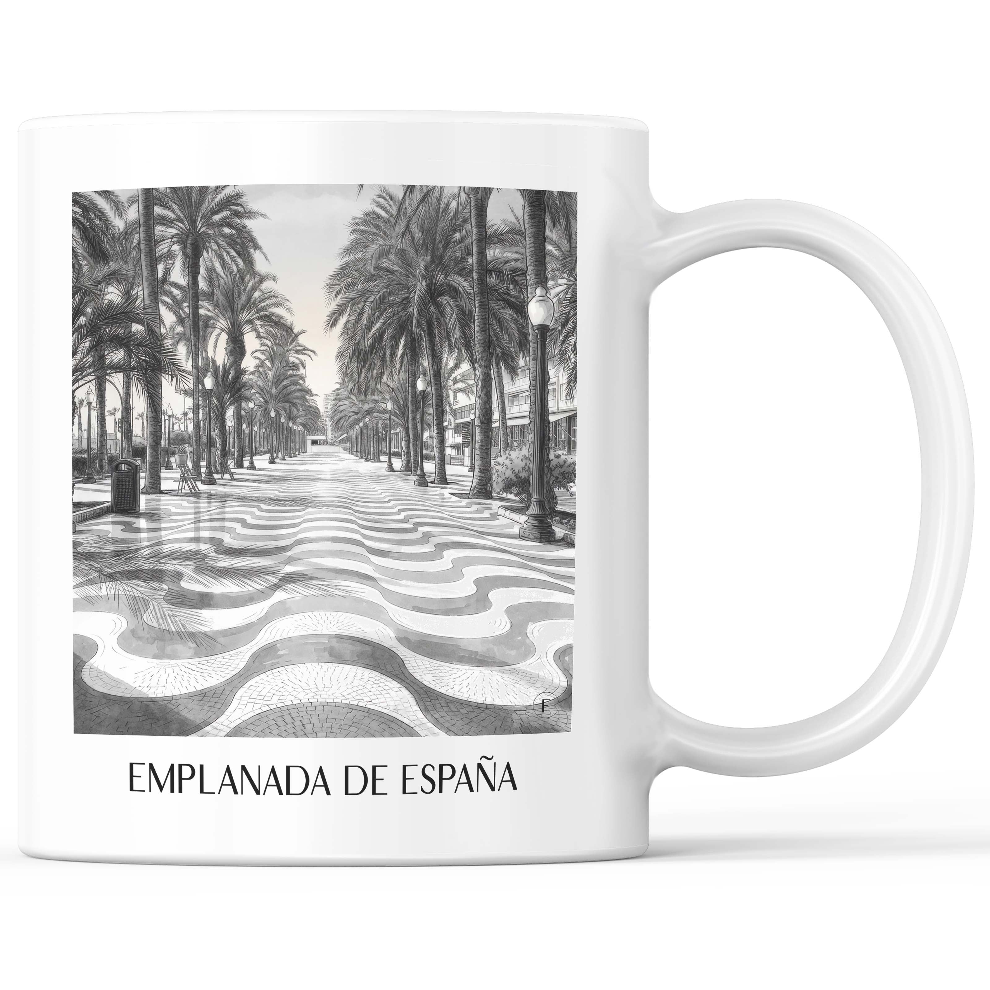 Explanada de España Kaffeebecher - Alicante - Spanien Becher - Kaffeetasse im Aquarell Schwarz-Weiß Stil - favplace