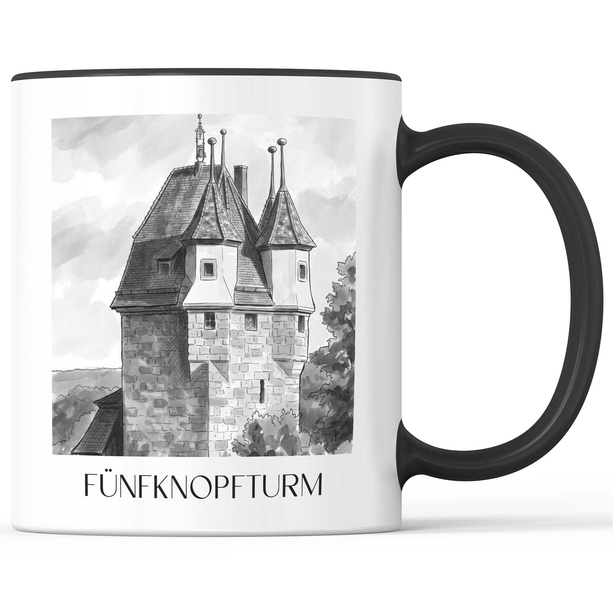 fünfknopfturm-schwäbisch-gmünd-deutschland-kaffeebecher-aquarell-schwarz-weiss