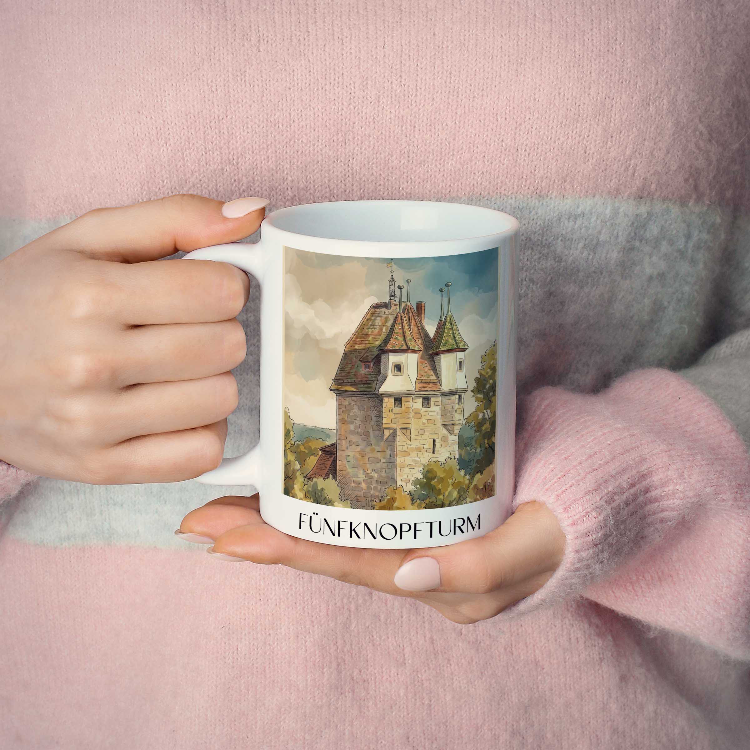 fünfknopfturm-schwäbisch-gmünd-deutschland-kaffeebecher-aquarell