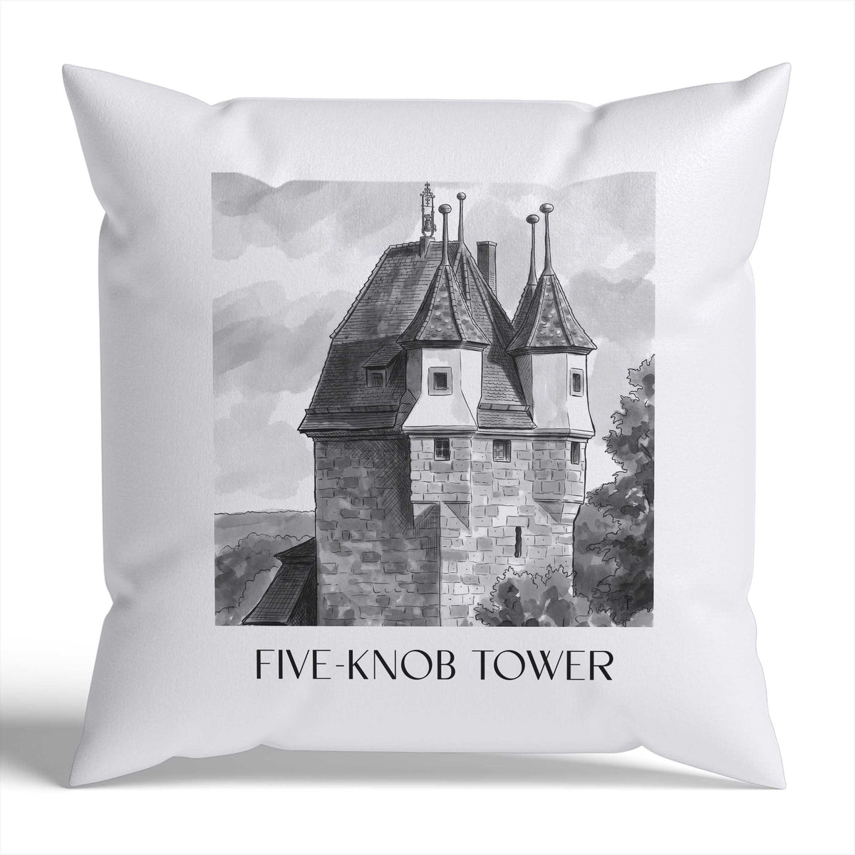 Fünfknopfturm Kissenhülle - Zierkissen Bezug - Schwäbisch Gmünd - Deutschland Kissen bzw. Kissenbezug im Aquarell Schwarz-Weiß Stil - favplace
