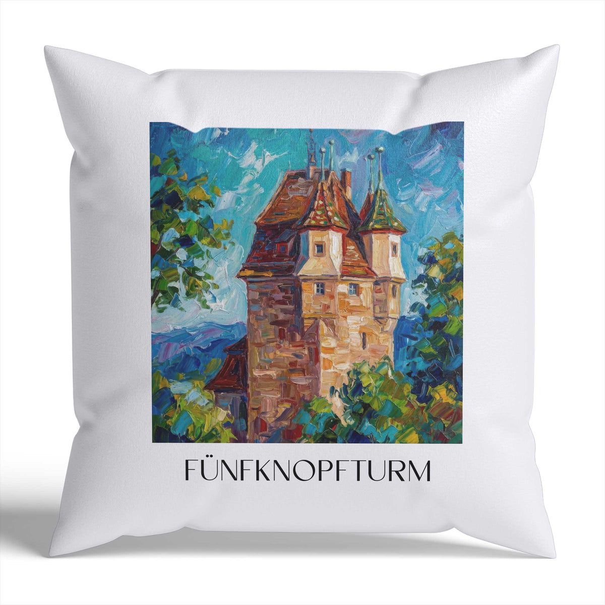 fünfknopfturm-schwäbisch-gmünd-deutschland-kissenbezug-oil-painting-oelgemaelde