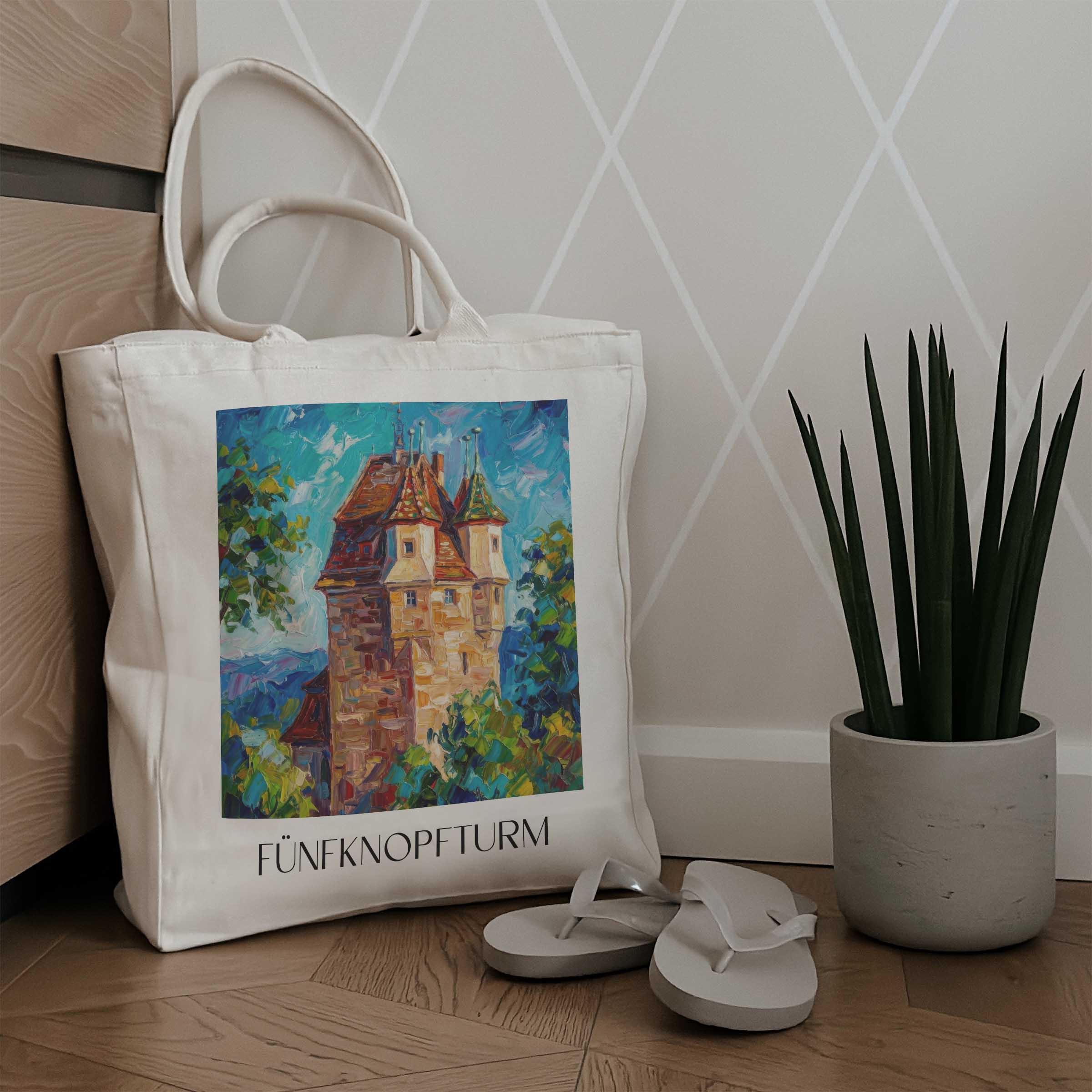 fünfknopfturm-schwäbisch-gmünd-deutschland-einkaufstasche-oil-painting-oelgemaelde
