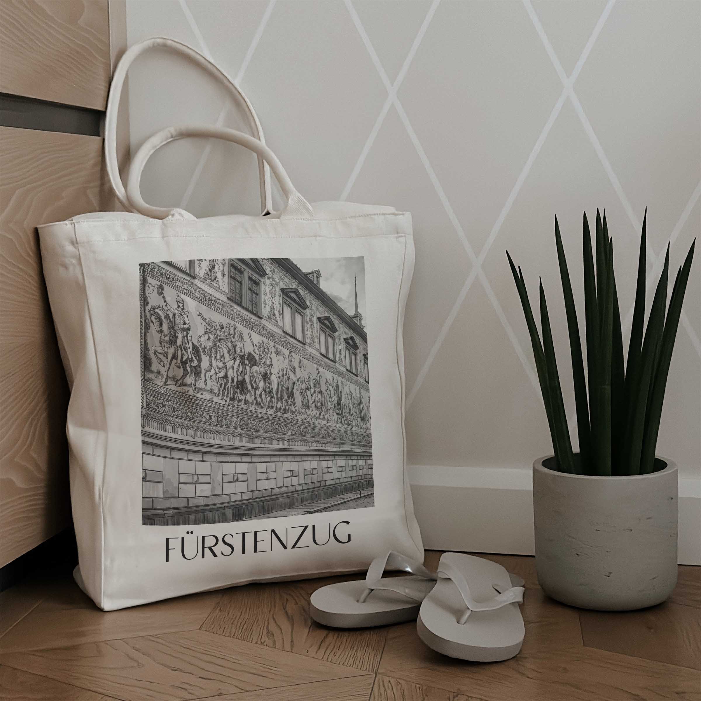 fürstenzug-dresden-deutschland-einkaufstasche-aquarell-schwarz-weiss