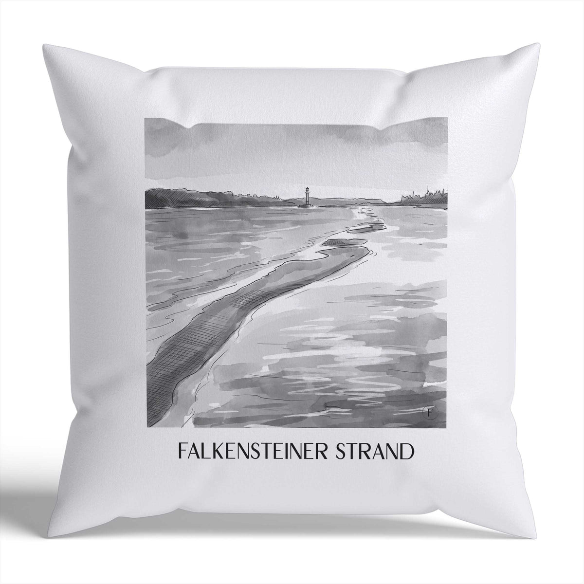 Falkensteiner Strand Kissenhülle - Zierkissen Bezug - Kiel - Deutschland Kissen bzw. Kissenbezug im Aquarell Schwarz-Weiß Stil - favplace