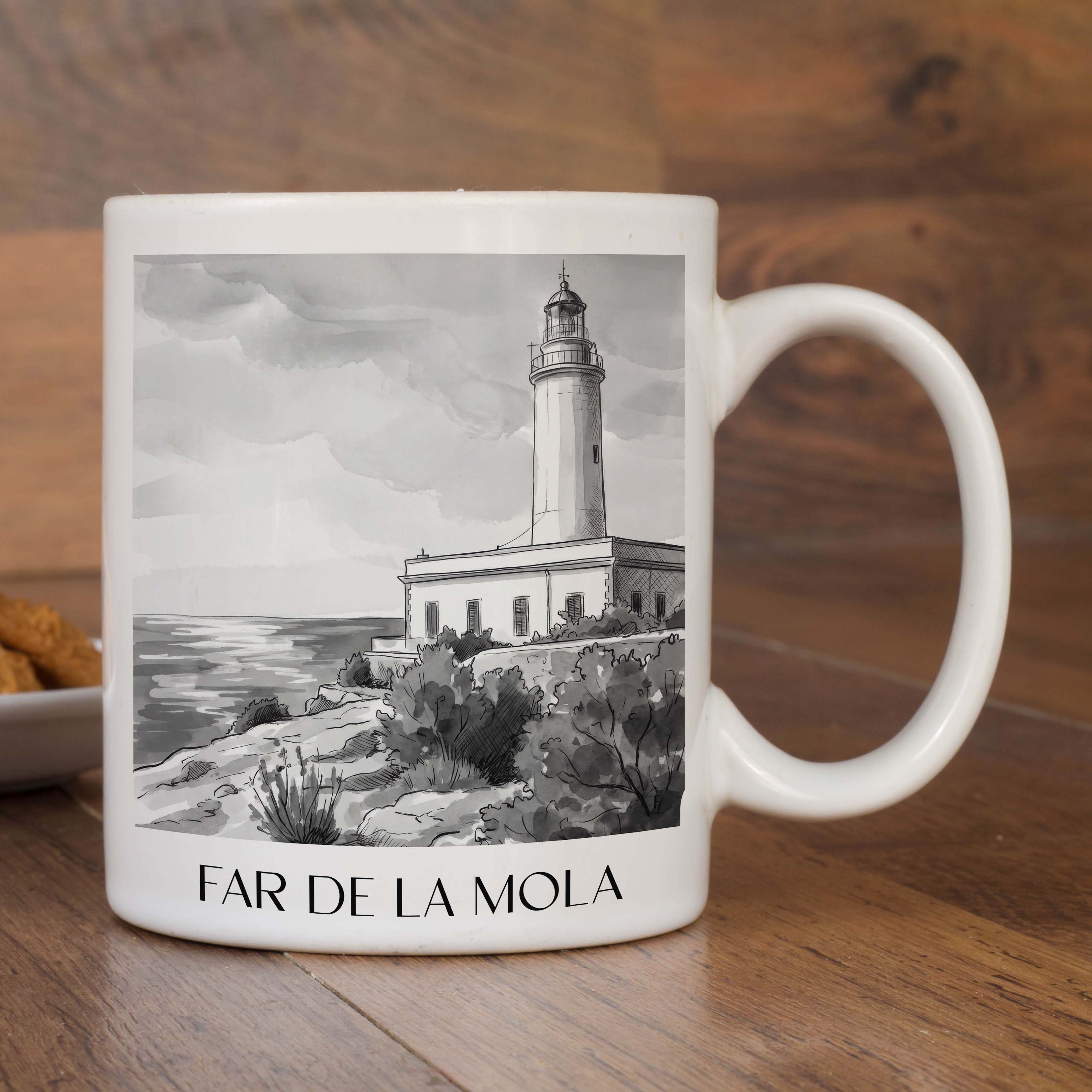 far-de-la-mola-formentera-spanien-kaffeebecher-aquarell-schwarz-weiss