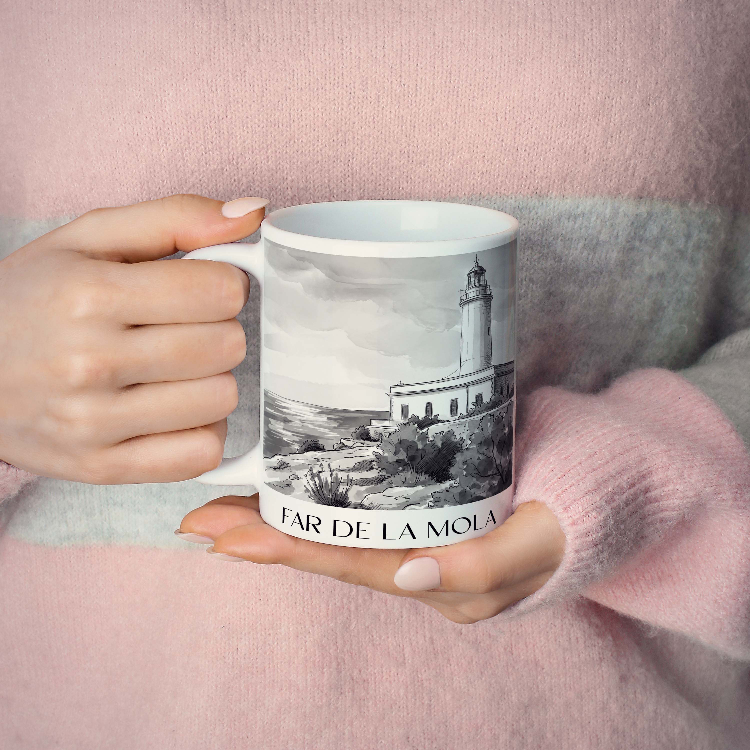 far-de-la-mola-formentera-spanien-kaffeebecher-aquarell-schwarz-weiss