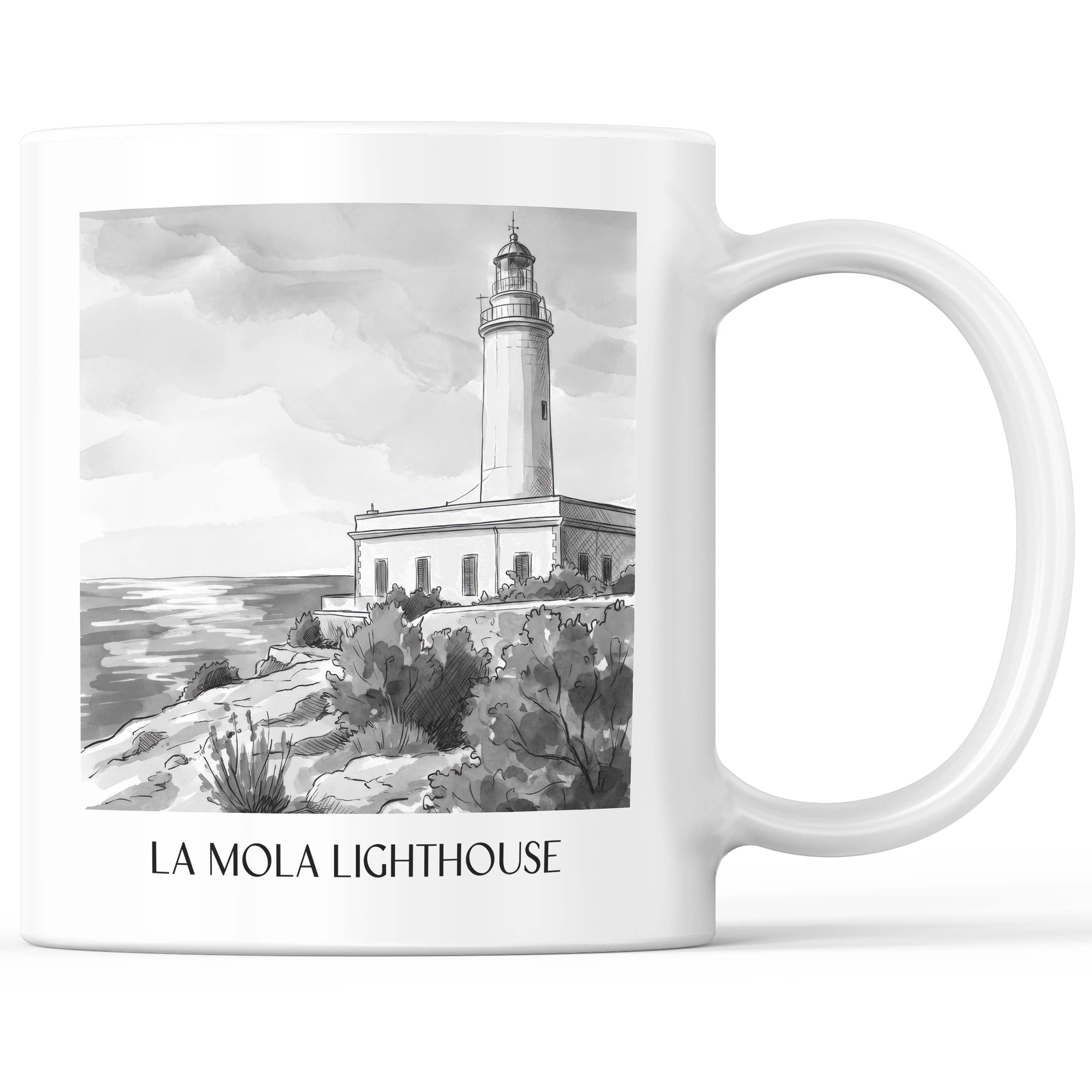 Far de la Mola Kaffeebecher - Formentera - Spanien Becher - Kaffeetasse im Aquarell Schwarz-Weiß Stil - favplace