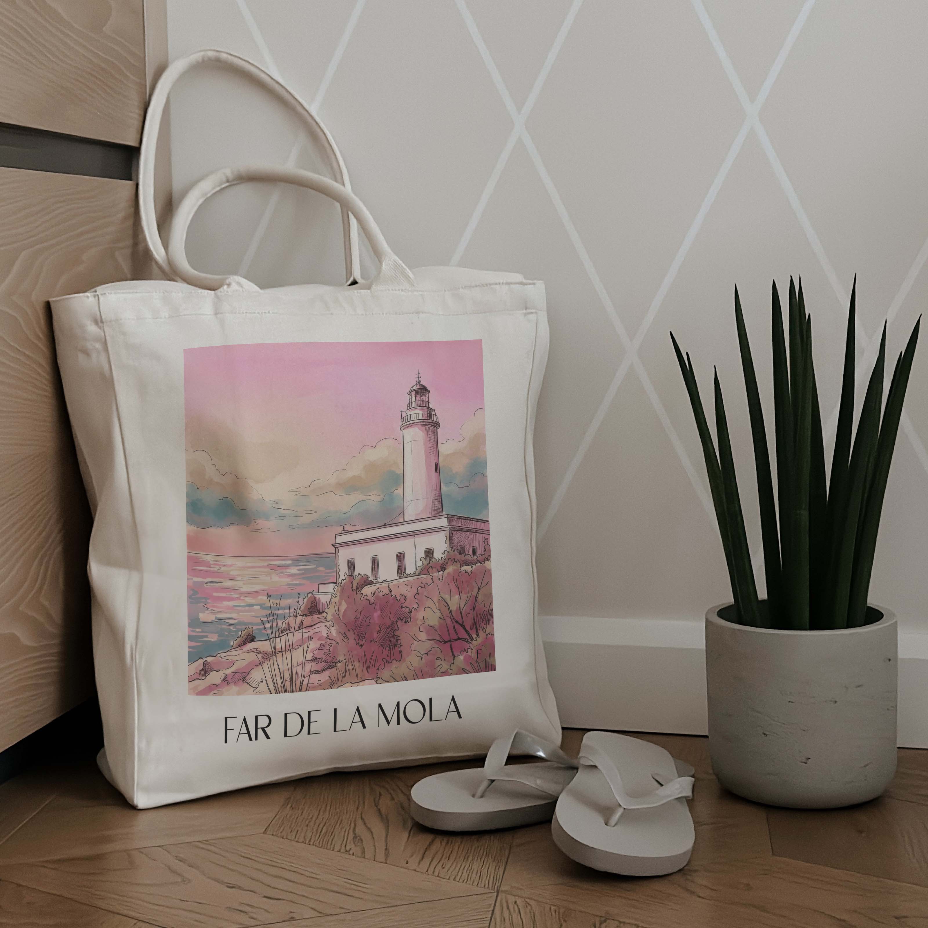 far-de-la-mola-formentera-spanien-einkaufstasche-aquarell-pink-rosa