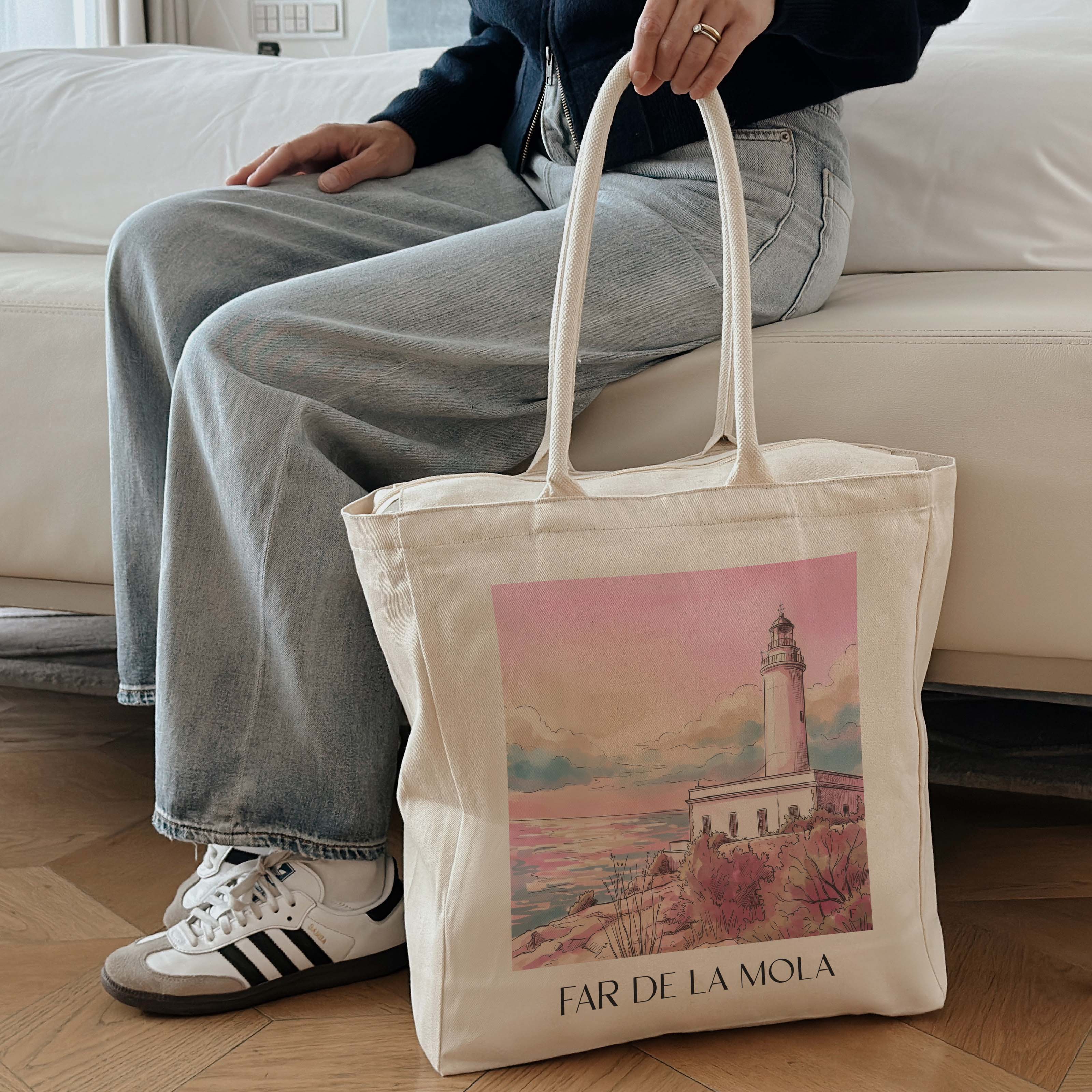 far-de-la-mola-formentera-spanien-einkaufstasche-aquarell-pink-rosa