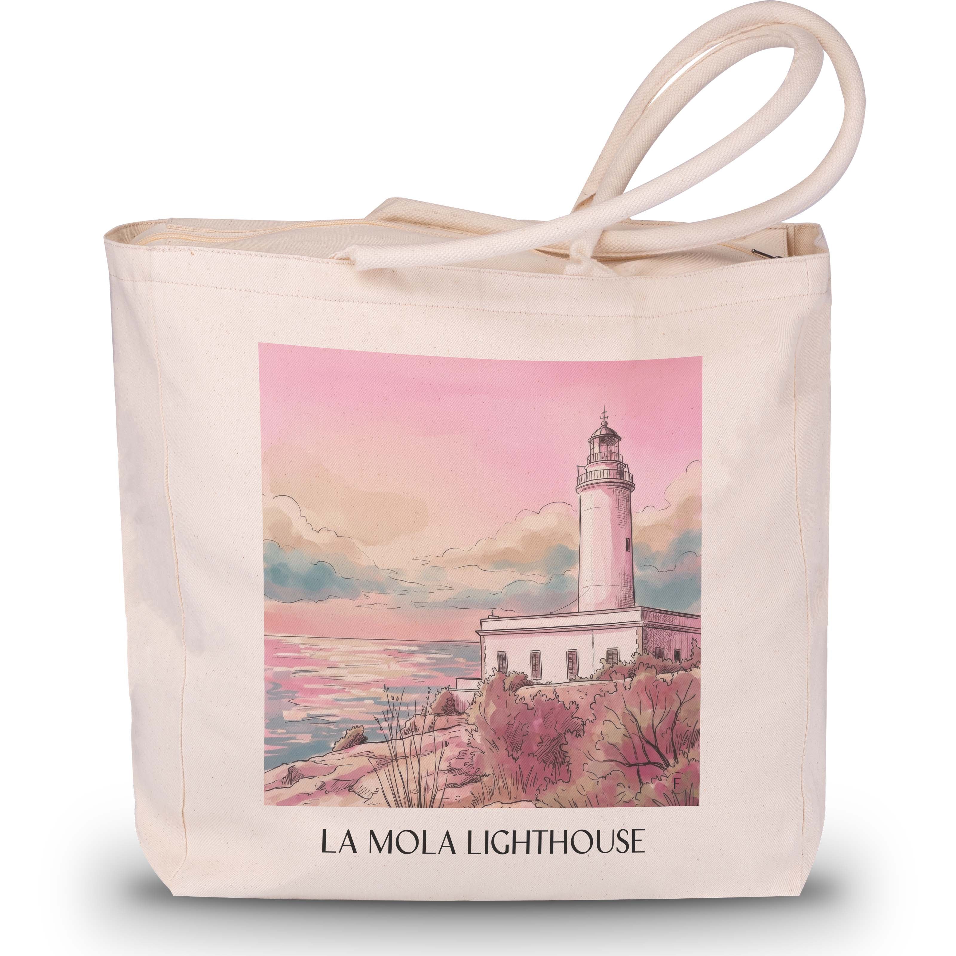 Far de la Mola Shopping Tasche - Formentera - Spanien Tote Bag - Einkaufstasche im Aquarell Pink Stil - favplace