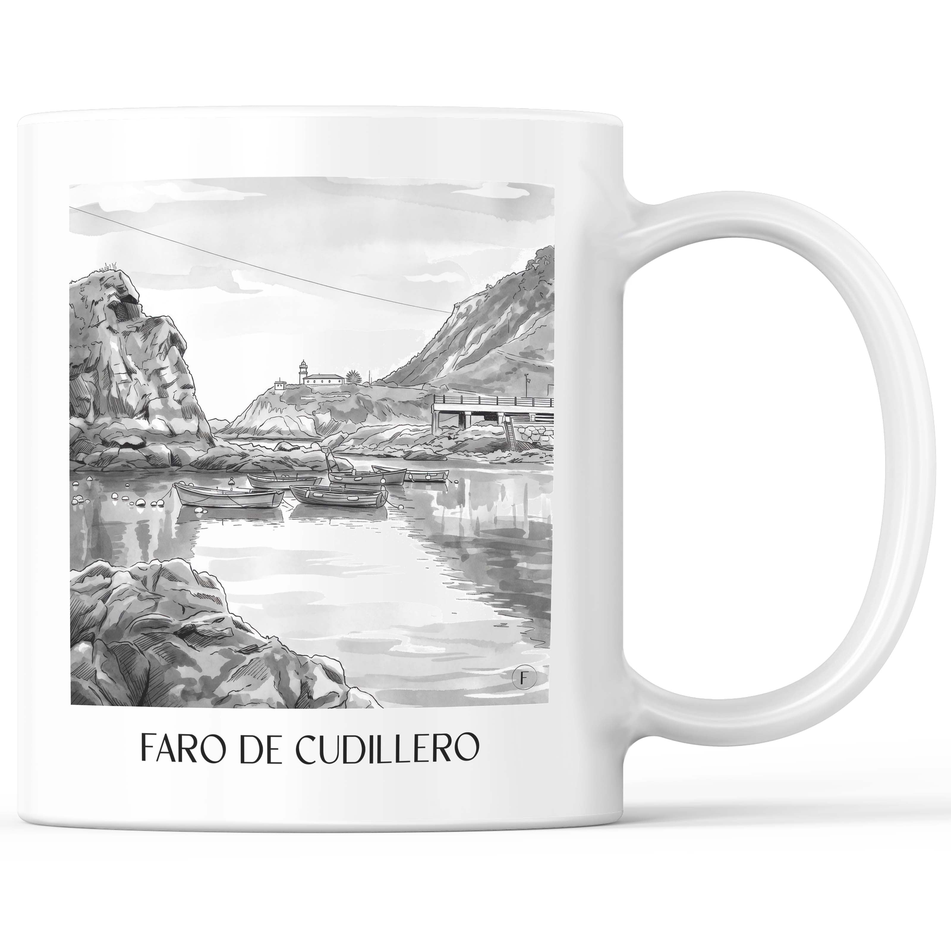 Faro de Cudillero Kaffeebecher - Spanien - Spanien Becher - Kaffeetasse im Aquarell Schwarz-Weiß Stil - favplace