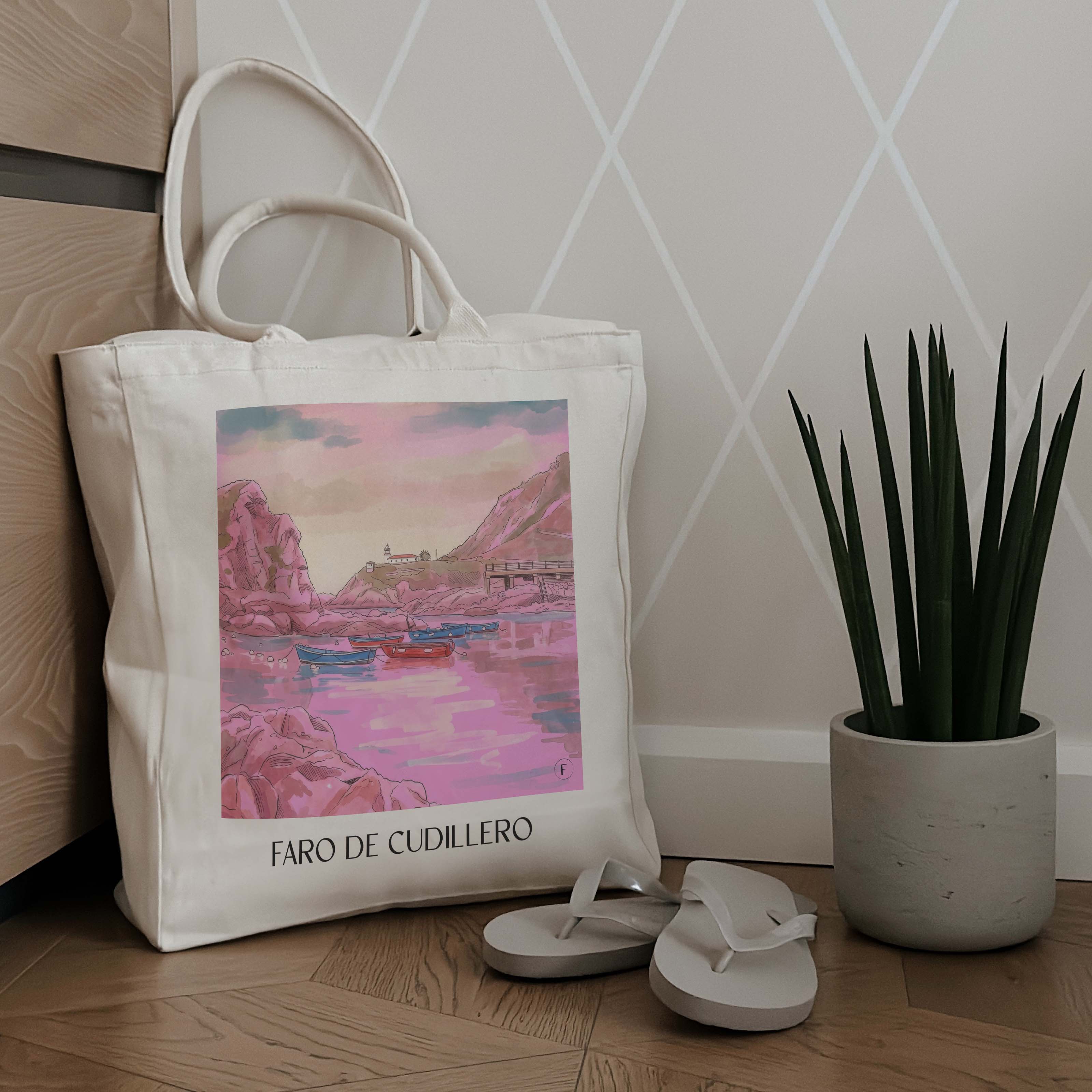 faro-de-cudillero-spanien-spanien-einkaufstasche-aquarell-pink-rosa
