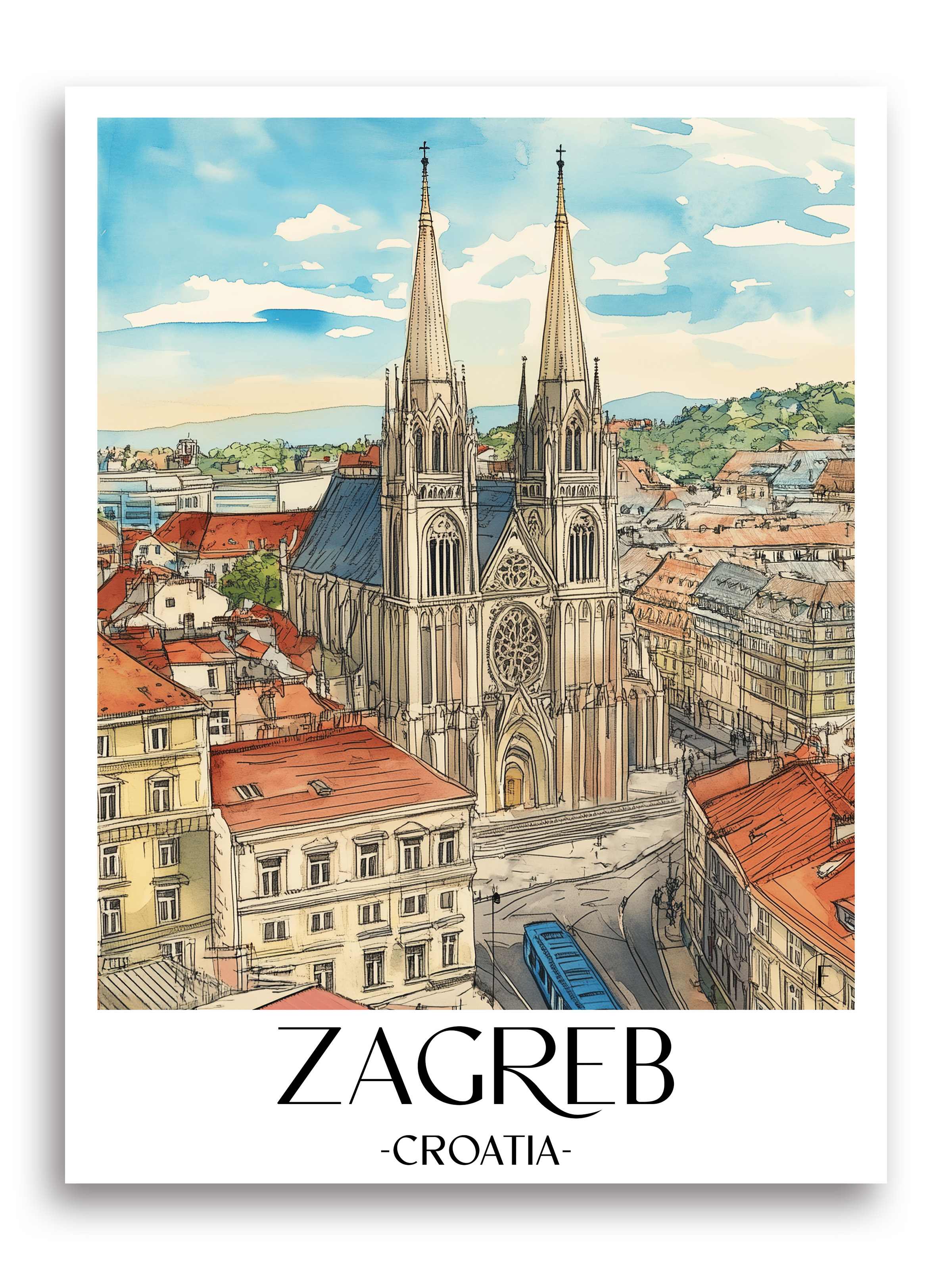 Zagreb Poster - Kroatien Kunstdruck - Aquarell von A4 bis A1 - favplace