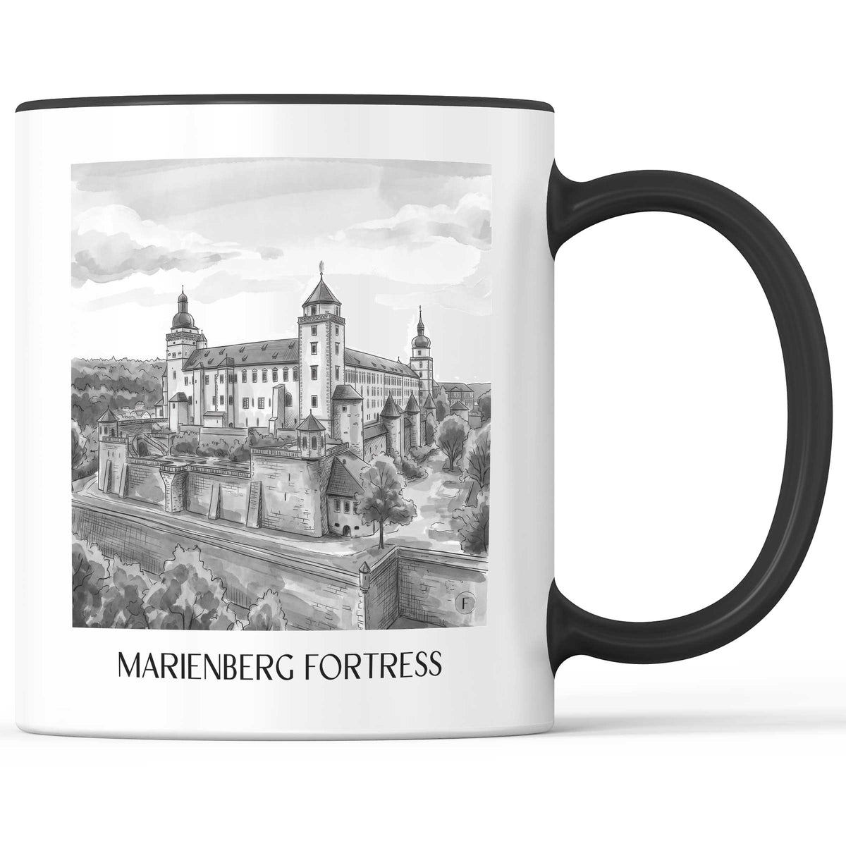 Festung Marienberg Kaffeebecher - Würzburg - Deutschland Becher - Kaffeetasse im Aquarell Schwarz-Weiß Stil - favplace