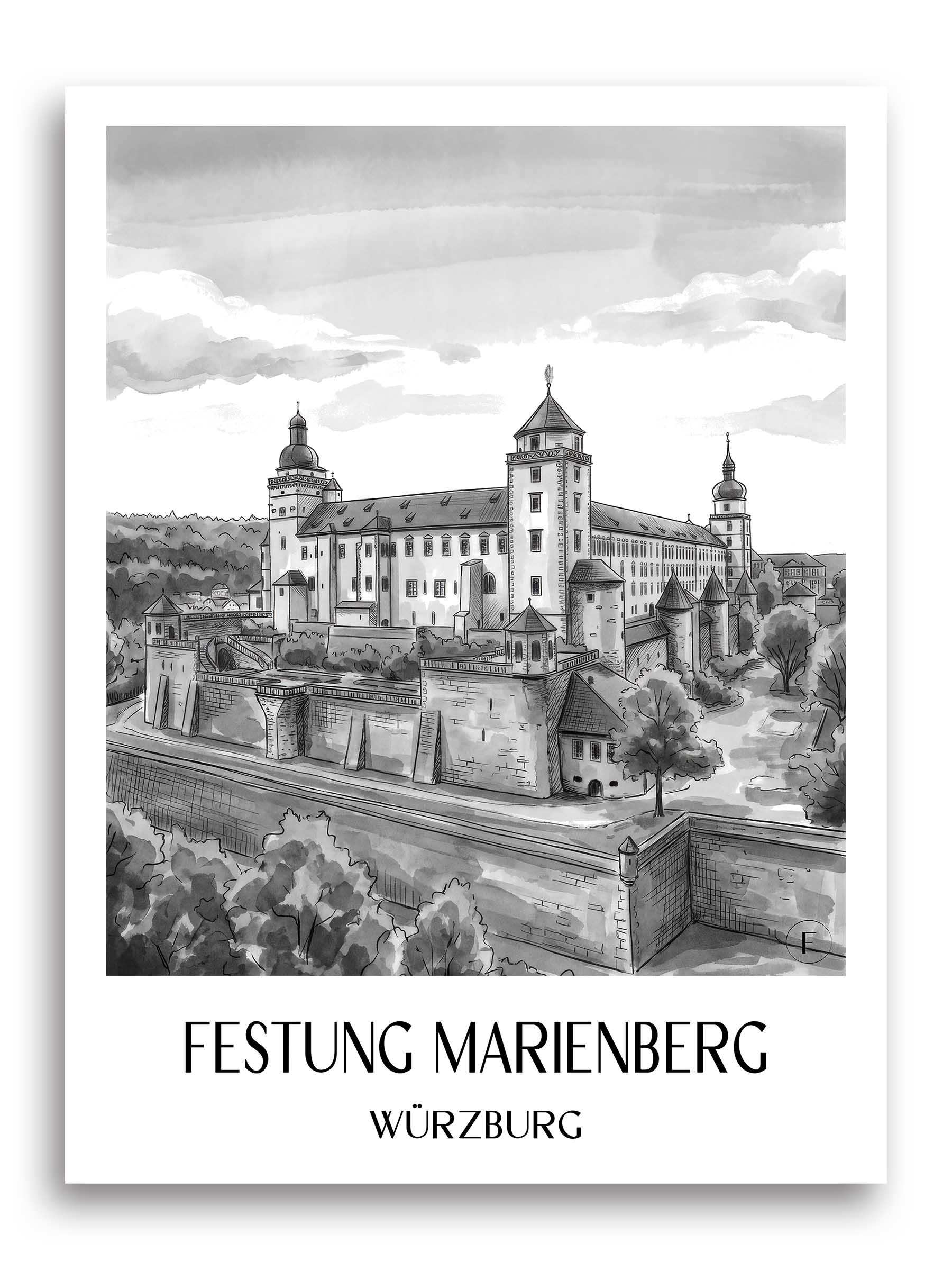 festung-marienberg-würzburg-deutschland-poster-aquarell-schwarz-weiss