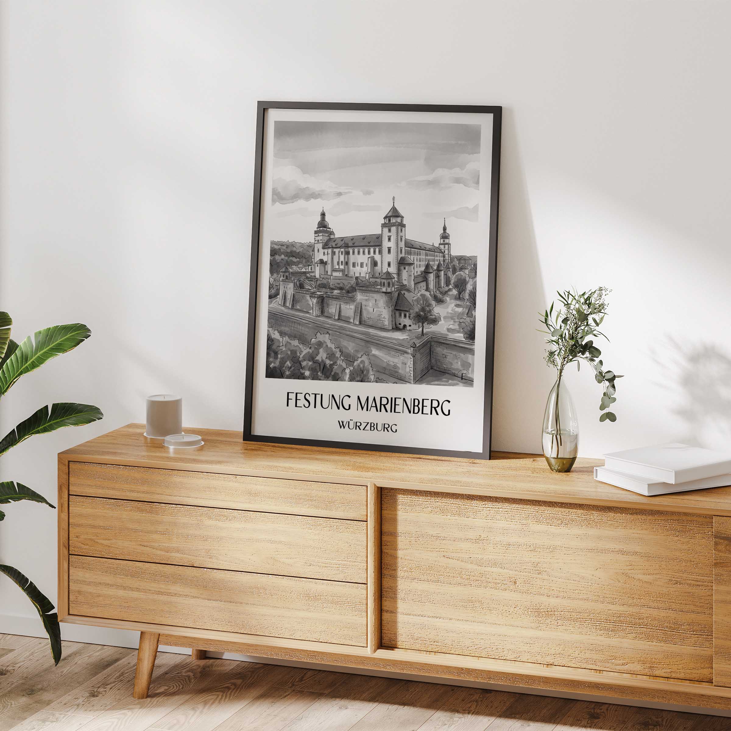 festung-marienberg-würzburg-deutschland-poster-aquarell-schwarz-weiss